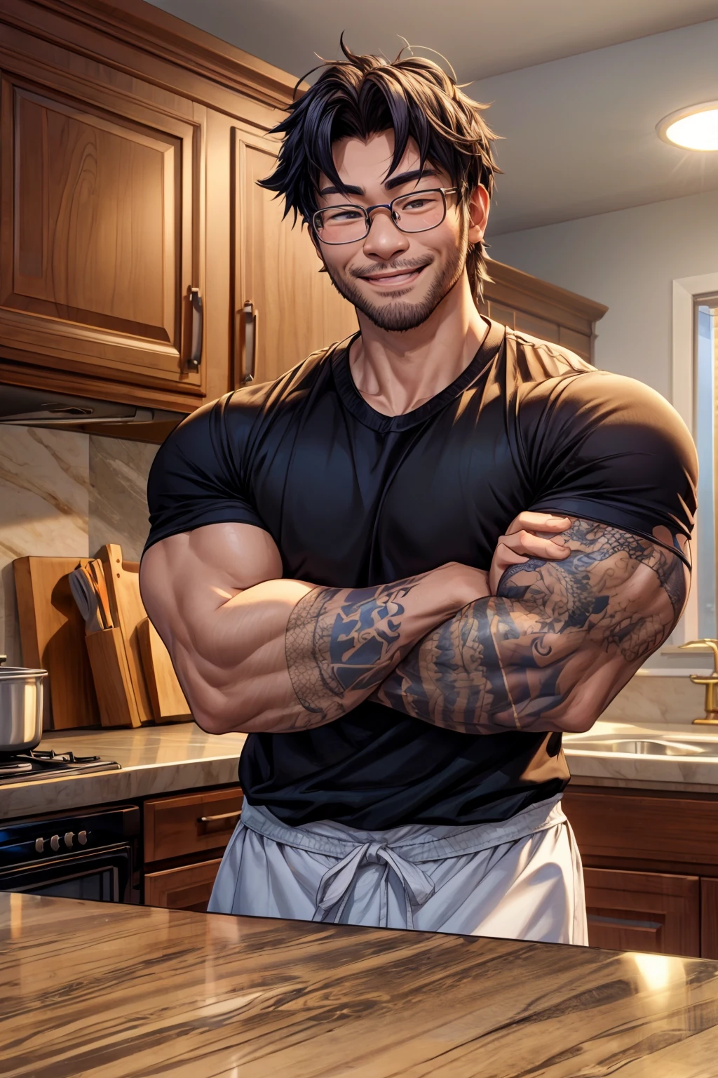 justinsaiyann, shirt, muscular, tattoo, kitchen, glasses, stubble, asian, smiling, crossed arms, daylight<lora:EMS-93-EMS:1.000000>, <lora:EMS-283192-EMS:0.700000>