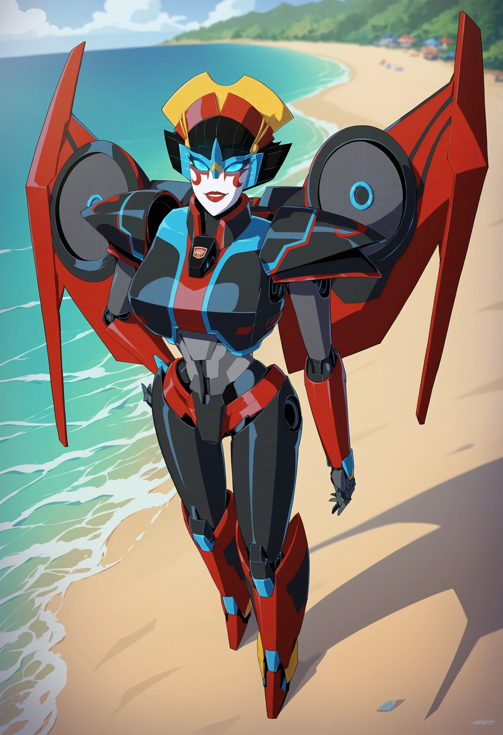 score_9, score_8_up, score_8, source_anime, 1girl, <lora:Windblade:0.8> solo, autobot, robot, mecha, red lips, blue eyes, glowing eyes, smile, big breasts, wings, mechanical wings, view from above,
beach background, ocean, blurry background,