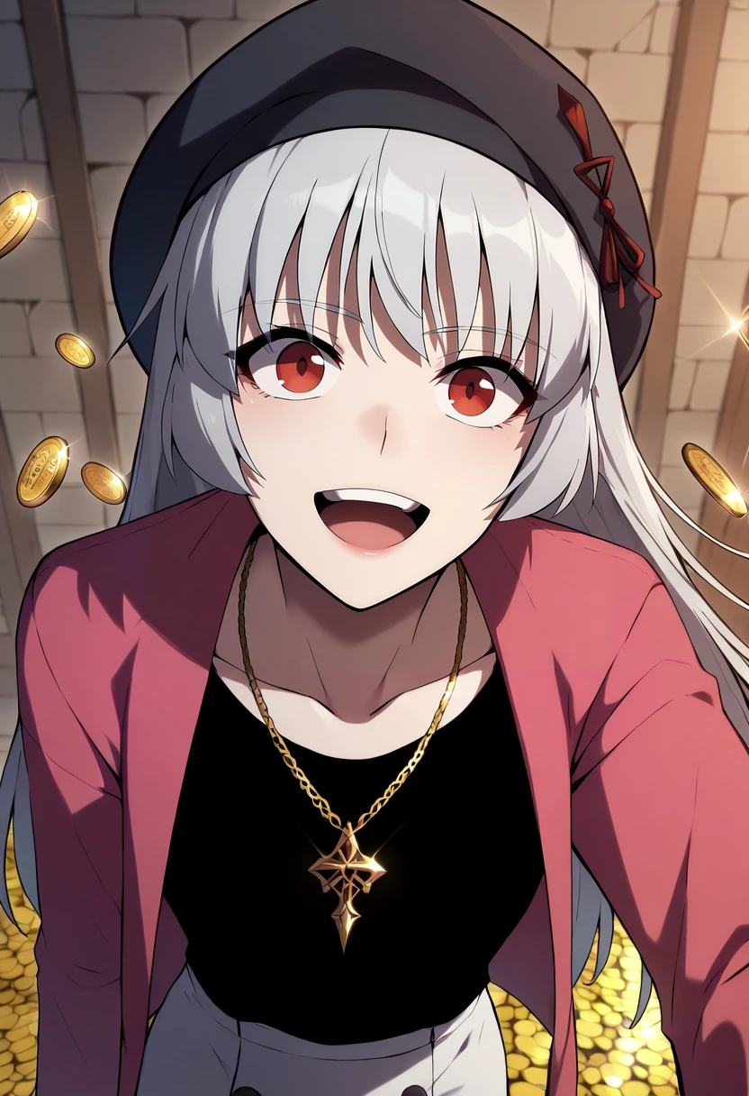 score_9, score_8_up, score_7_up,
<lora:SoloMaxLevelNewbie_AliceXL:0.8>, AliceSMLN,
1girl, solo, open mouth, light smile, upper teeth only,
grey hair, long hair, red eyes,
AliceTrendy, beret, black headwear, pink jacket, open jacket, black shirt, collarbone, necklace, white skirt, pencil skirt,
walking, looking at the viewer,
indoors, dungeon, gold, gold coin, blurry background