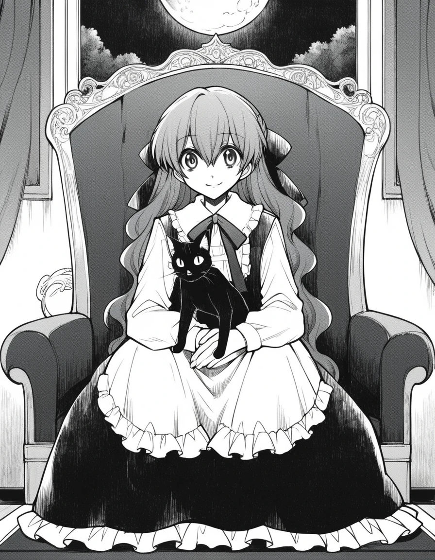 score_9, score_8_up, score_7_up, source_anime,
witchellen, <lora:witch-house-ellen-manga-ponyxl-lora-nochekaiser:1>,
ellen, long hair, ribbon, hair ribbon, monochrome, greyscale,
dress, long sleeves, frills, frilled dress,
indoors, sitting, chair, throne, smile, cat, black cat, night, moon,
solo, looking at viewer, cowboy shot, straight-on,