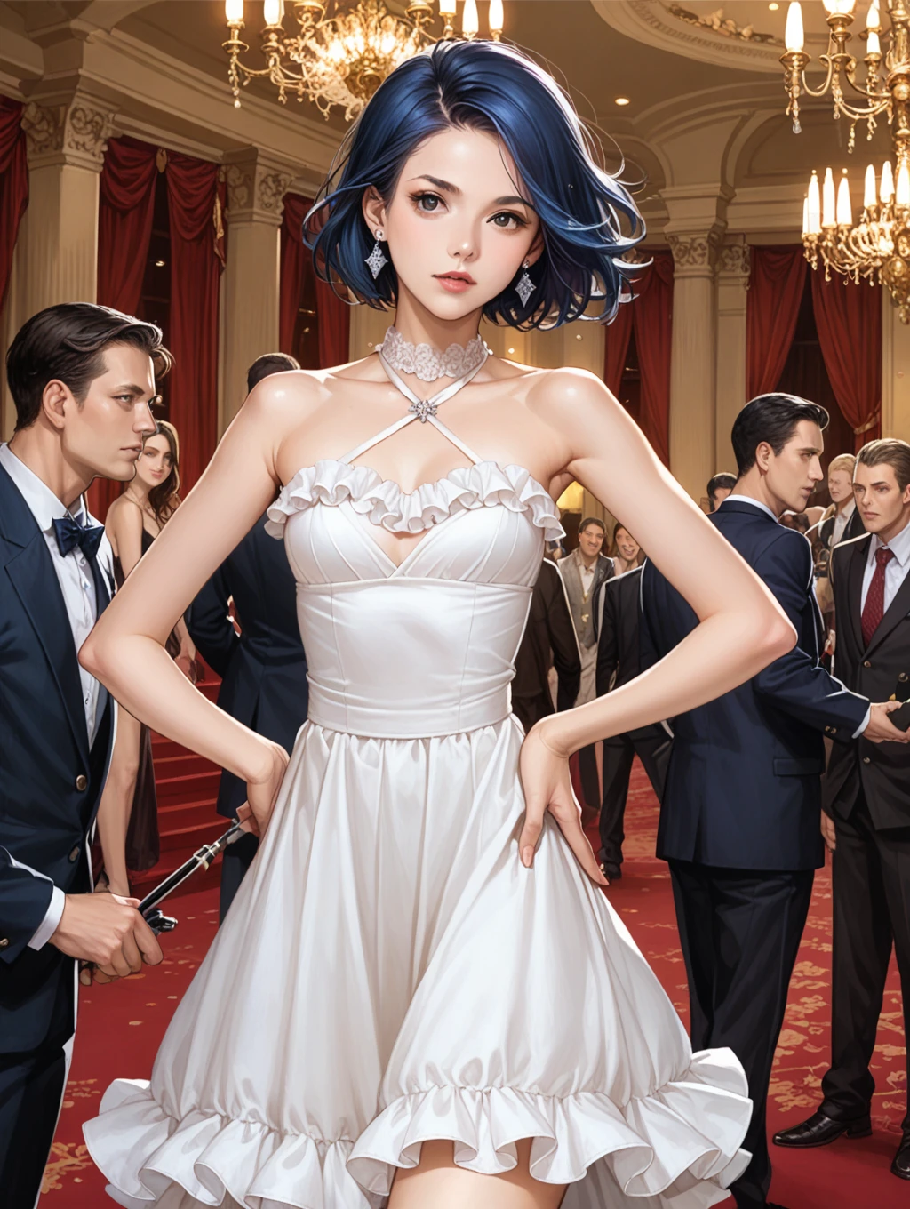 score_9, score_8_up, score_7_up,
faceless crowd, chandelier, elegant, noble background, indoor, elegant tables,
1girl, solo, 
short hair, indigo hair, black eyes, swept bangs, bare shoulder, mesh halter neck, white frilled dress, collarbone, sleeveless, small breasts, hands on hip, tilt body, large diamond earrings,,