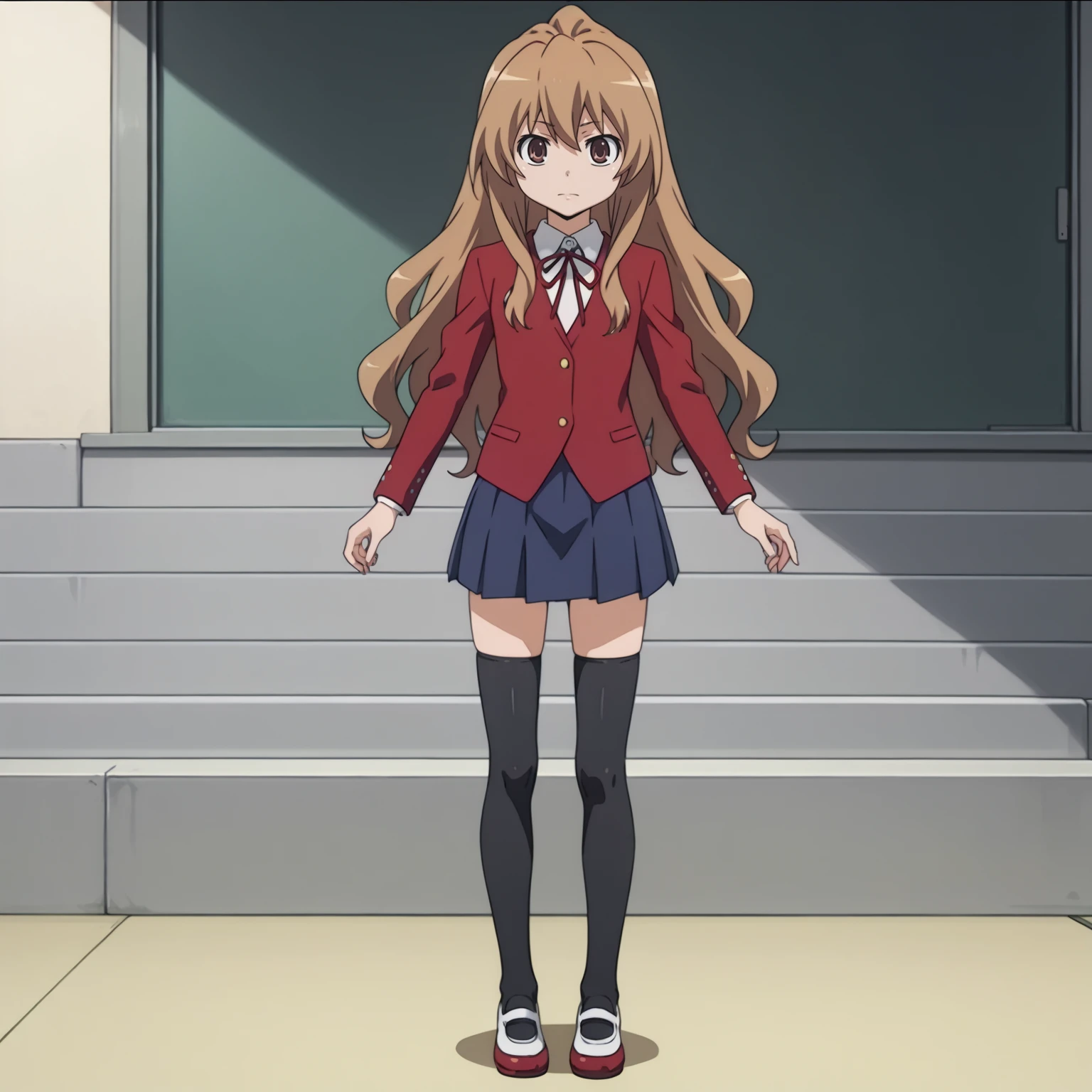 <lora:TaigaAisakaXLpony001>,
solo,
TaigaAisaka,1girl,brown hair,long hair,brown eyes,
school_uniform,red jacket,
blue skirt,pleated_skirt,
black thighhighs,
full body,standing,