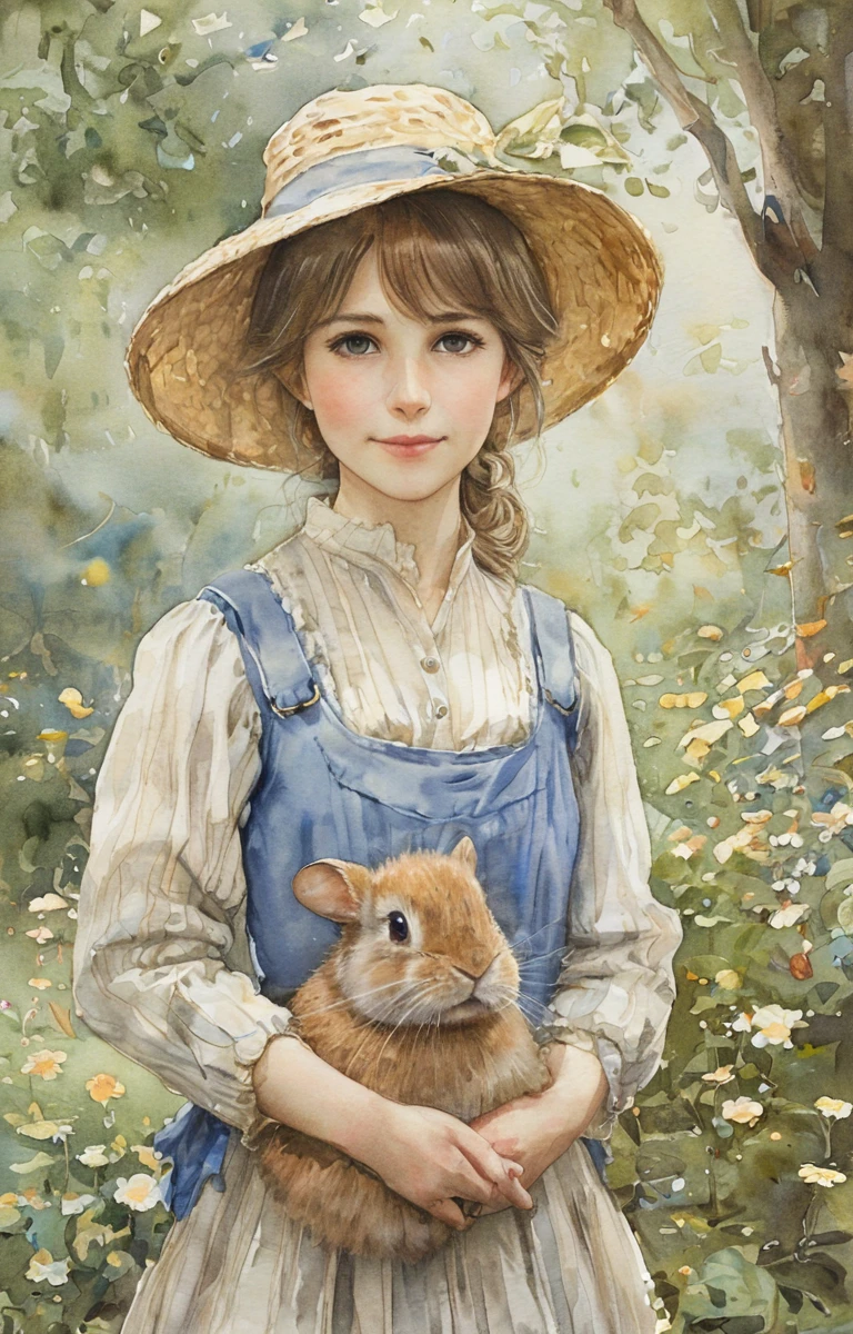 masterpiece,best quality,<lora:tbh134-sdxl:0.85>,idolmaster cinderella girls,portrait ,illustration , watercolor, Beatrix Potter