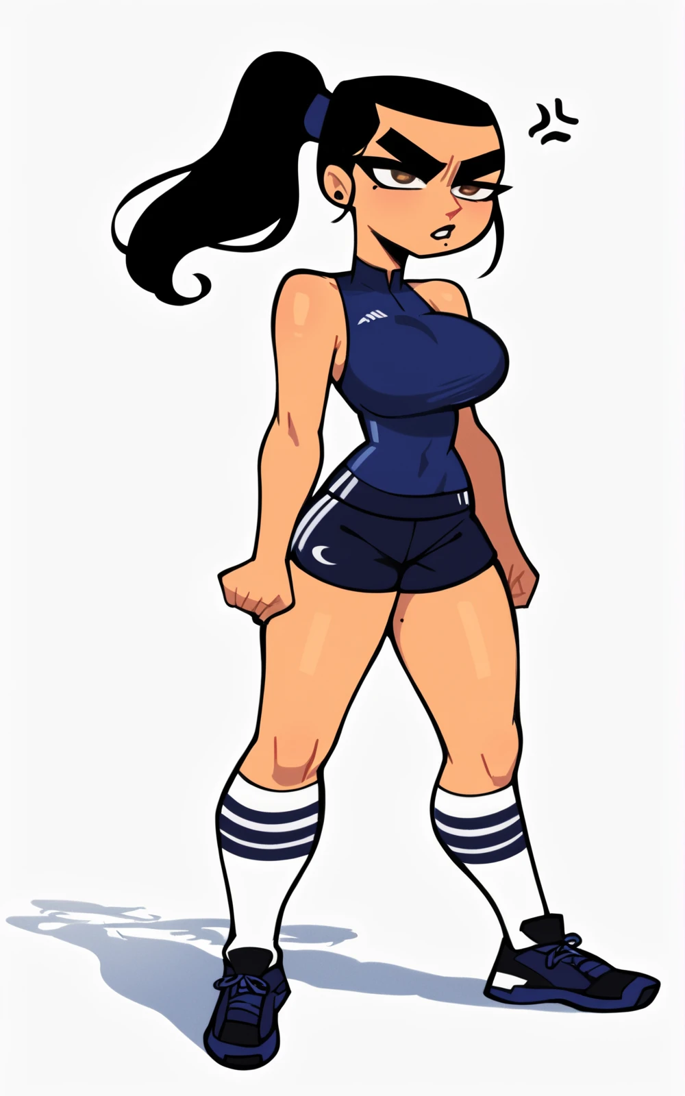 score_9, score_8_up, score_7_up,((best quality)), absurdres,((full body)), <lora:3d-2d:0.8>, <lora:EvaPXL:0.8>,EvaPXL,ponytail, black hair, mole under mouth, mole, brown eyes, breasts,large breast, unibrow, thick eyebrows,shorts, sportswear, socks, white socks, sleeveless, kneehighs, blue shorts, black footwear,white background,slim,blue clothes,standing,solo,annoyed