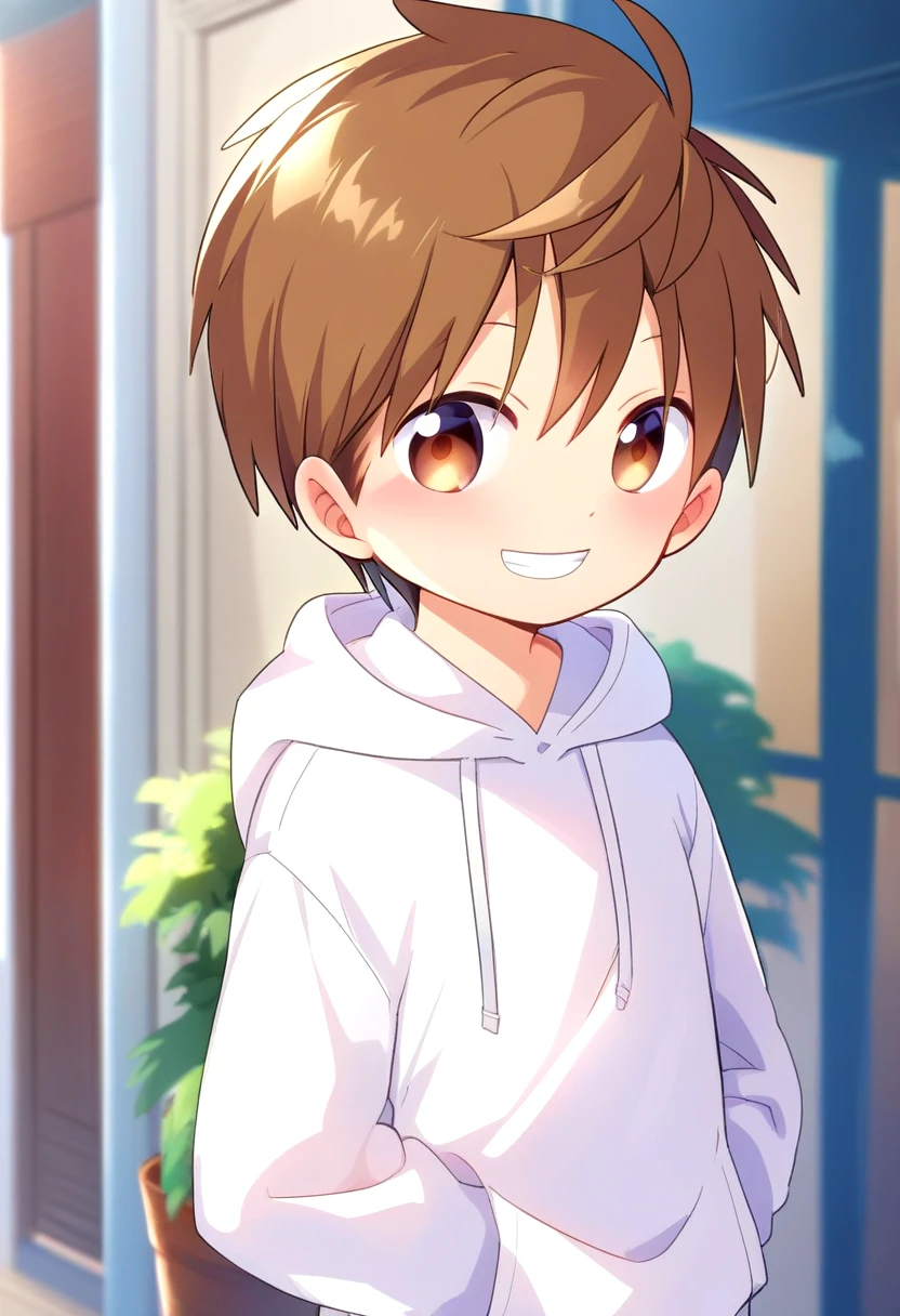 score_9, score_8_up, score_7_up, detailed eyes, village, BREAK
, standing, head tilted,
<lora:cutifiedanimecharacterdesign_variant_type_F_PonyXL_v10:1> 1boy, type-f, chestnut brown hair, chestnut  brown eyes,   petite, young, solo, white hoodie,  randoseru, aged down, black gakuran above hoodie,
grin