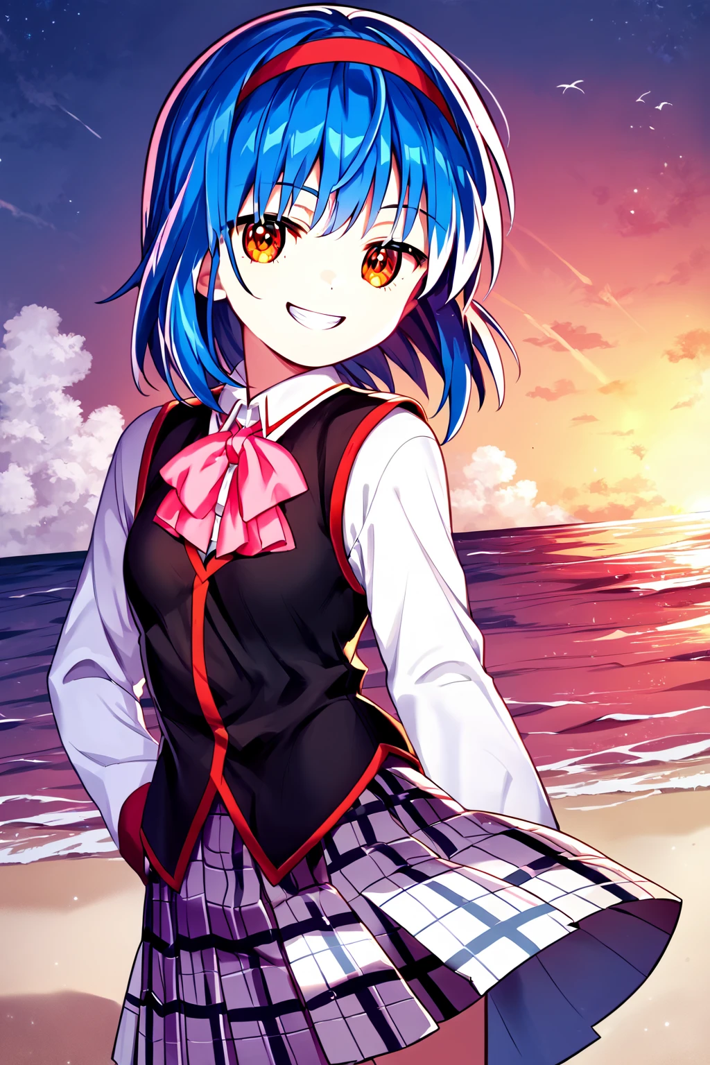 score_9, score_8_up, score_7_up, score_6_up, rating_safe, source_anime, best quality, masterpiece, detailed background, detailed eyes, solo, beach, <lora:nishizono-mio-xl-05:1>, nishizono mio, blue hair, red headband, black uniform with red trim and pink bow, pleated grey plaid skirt, white sleeves, vest, black socks, small breasts, smirk, half-closed eyes, grin