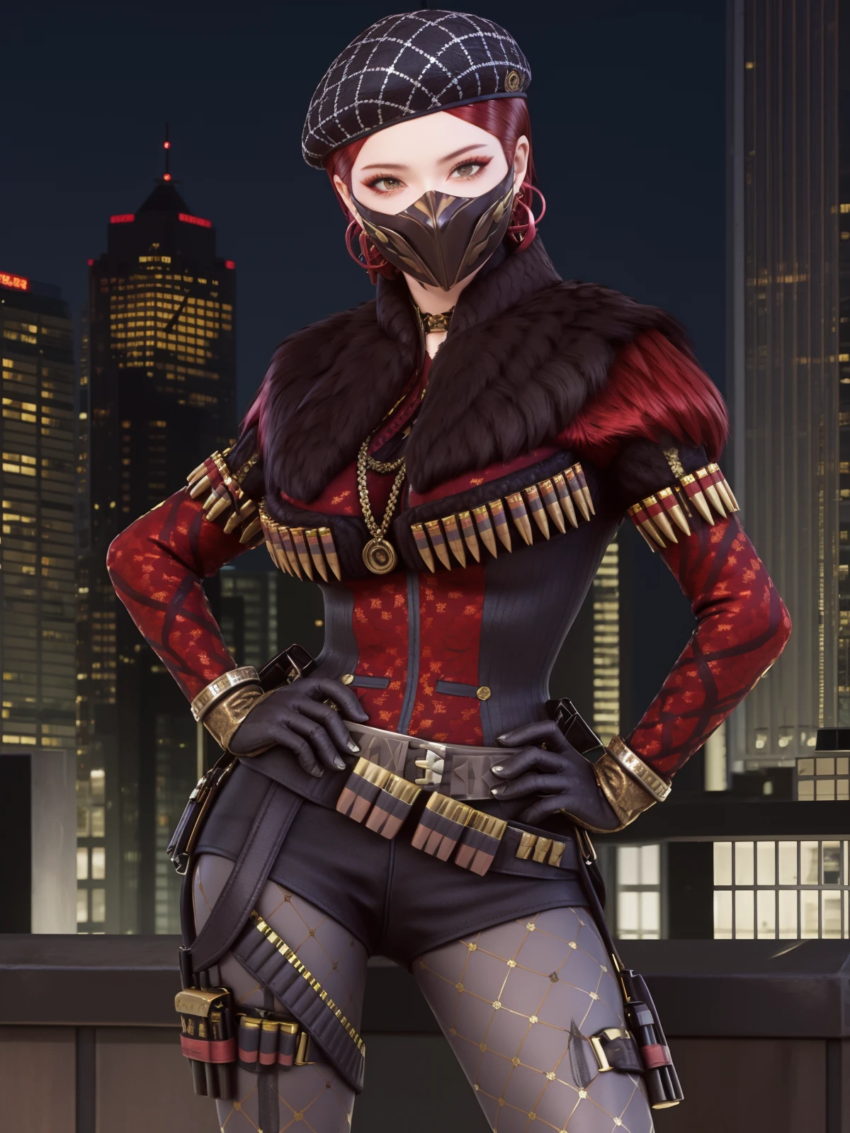 CFchuanshuoailishaLHWZ, 1girl, solo,hat, gloves, mask, jewelry, pantyhose, earrings, boots, belt,shorts, red hair, jacket, bandolier,bullet,fur trim, <lora:CFchuanshuoailishaLHWZ:0.75>,cityscape, night, looking at viewer, hand on hip,