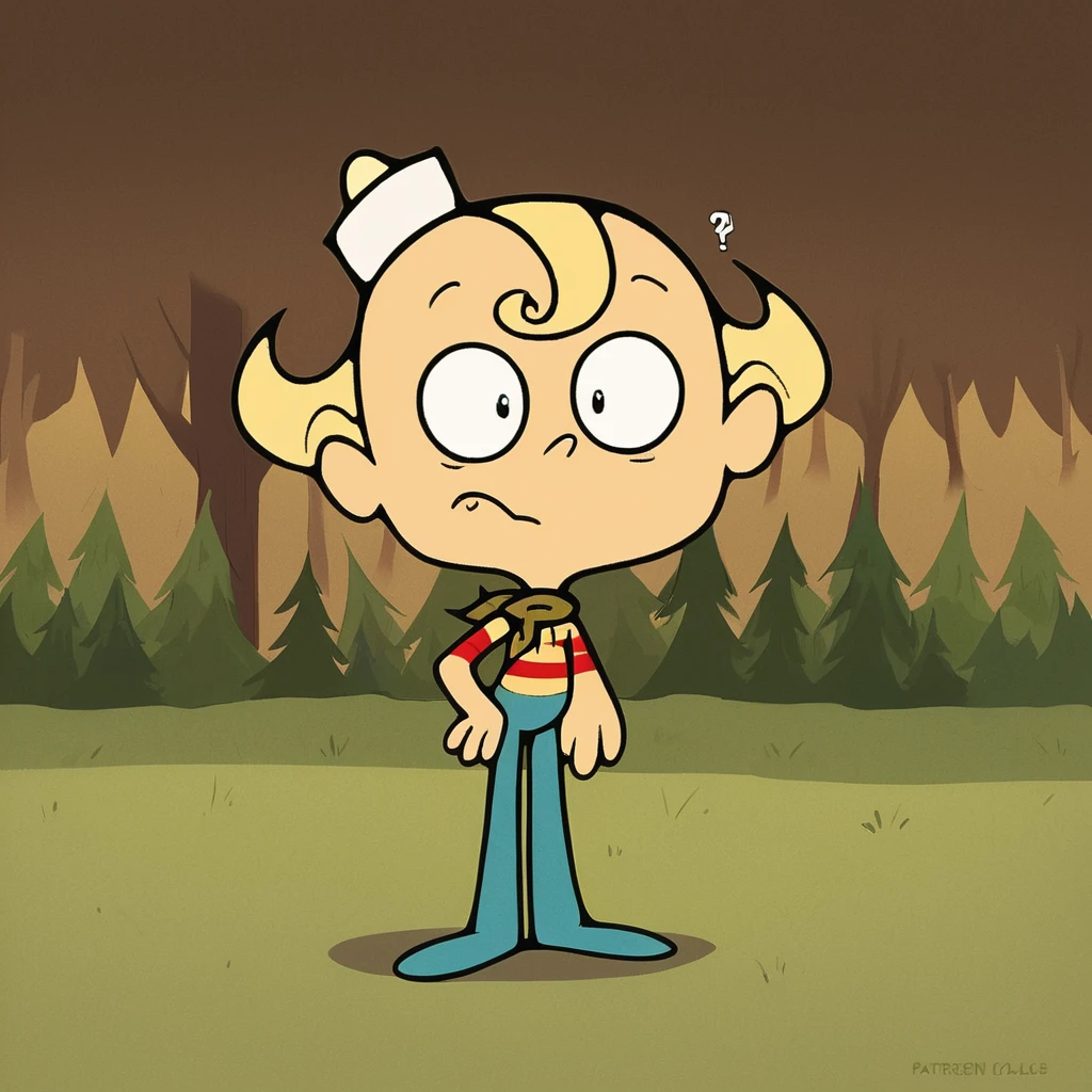 score_9, score_8_up, score_7_up, score_6_up, score_5_up, score_4_up, source_cartoon, toon \(style\), FLPJCK, full body, (forest:1.3), 1boy, blonde hair, (striped shirt:1.2), scarf, hat, blue pants, hand on hip, (confused:1.2), scratching head, <lora:flpjckv2-50:1>