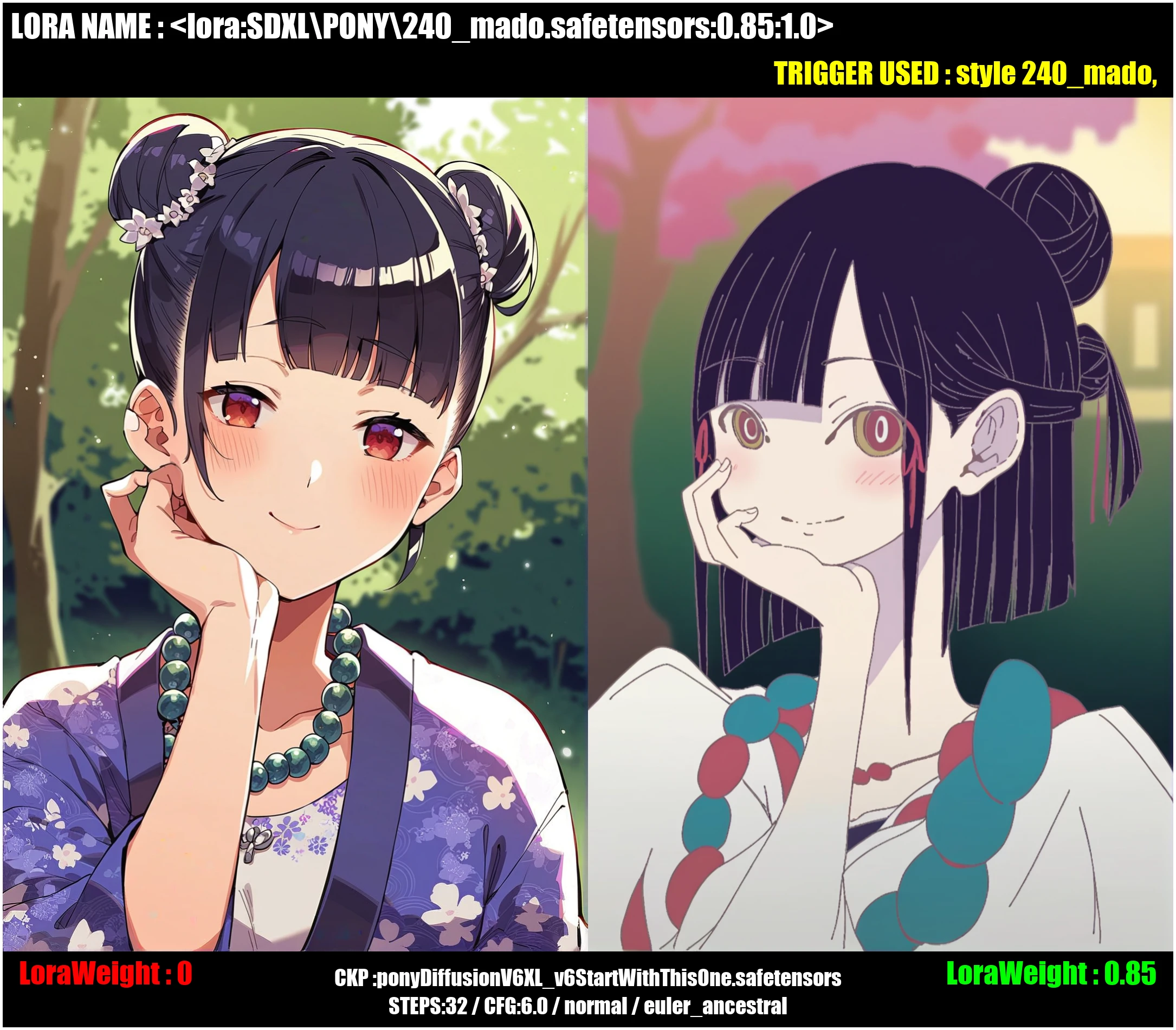 (score_9,score_8_up,score_7_up),style 240_mado,,1girl, solo, looking_at_viewer, blush, smile, short_hair, bangs, hair_ornament, red_eyes, long_sleeves, jewelry, closed_mouth, collarbone, white_shirt, upper_body, purple_hair, outdoors, japanese_clothes, open_clothes, day, hand_up, wide_sleeves, blunt_bangs, kimono, necklace, hair_bun, blurry, tree, head_tilt, double_bun, blurry_background, floral_print, hand_on_own_face, beads, hand_on_own_cheek, bead_necklace,flat color, (long neck:0.35),