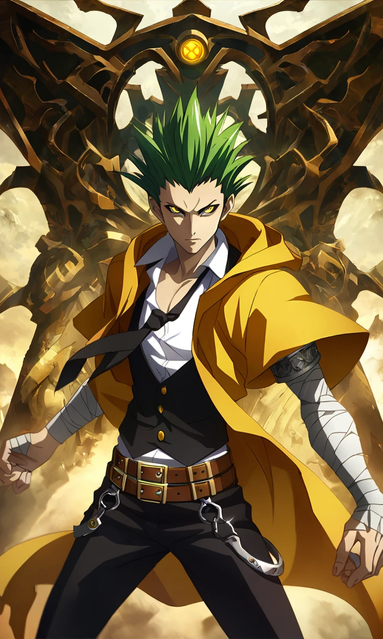 anime artwork illustrating TerumiBB,1boy,yellow eyes,snake-slit-styled eyes,short hair,green hair,spiked hair,hooded yellow cape with black markings,(2 belts),black pants,black ribbons,bandaged arms,black vest,open shirt,loose black necktie,black pants,steel-toed-shoes. created by japanese anime studio. highly emotional. best quality, high resolution, HDR photo of TerumiBB,1boy,yellow eyes,snake-slit-styled eyes,short hair,green hair,spiked hair,hooded yellow cape with black markings,(2 belts),black pants,black ribbons,bandaged arms,black vest,open shirt,loose black necktie,black pants,steel-toed-shoes . High dynamic range, vivid, rich details, clear shadows and highlights, realistic, intense, enhanced contrast, highly detailed, TerumiBB,1boy,yellow eyes,snake-slit-styled eyes,short hair,green hair,spiked hair,hooded yellow cape with black markings,(2 belts),black pants,black ribbons,bandaged arms,black vest,open shirt,loose black necktie,black pants,steel-toed-shoes, winning, extremely detailed, focused, cinematic, intricate, sublime, highly real, artistic, enhanced, loving, glowing, beautiful, symmetry, light, illuminated, sharp focus, rational, clear, crisp, complex, exquisite, brilliant, thought, futuristic, color, shiny, rich, elite, surreal, amazing, marvelous, wonderful, epic, breathtaking, very inspirational