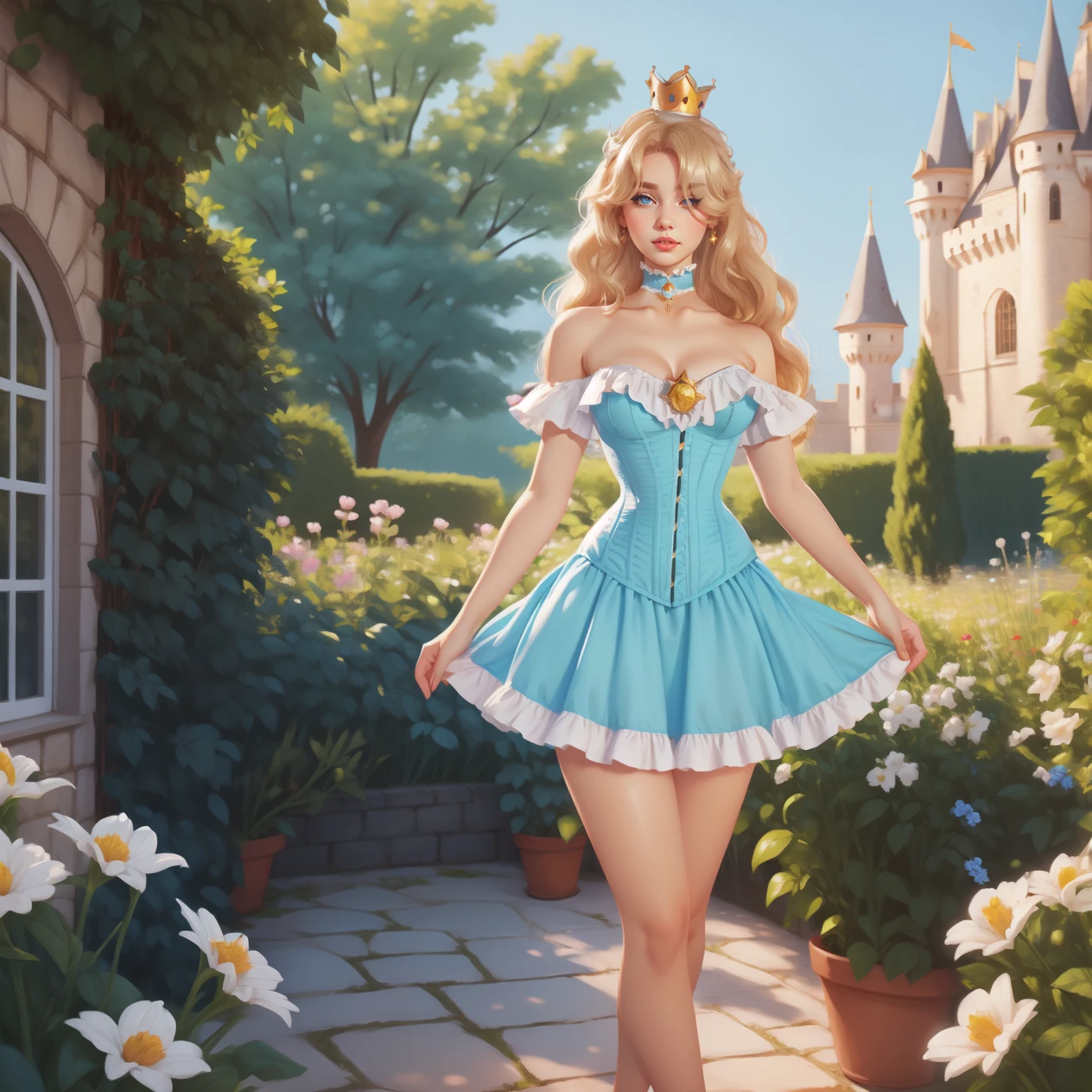 1girl, long blonde hair, hair over one eye, full body, hud_crst_prncss_drss, bare shoulders, blue corset, off shoulder, short sleeves, blue dress, short dress, frills, crown, choker, lipstick, high heels, <lora:corset_princess_sd15:0.7>, castle, garden