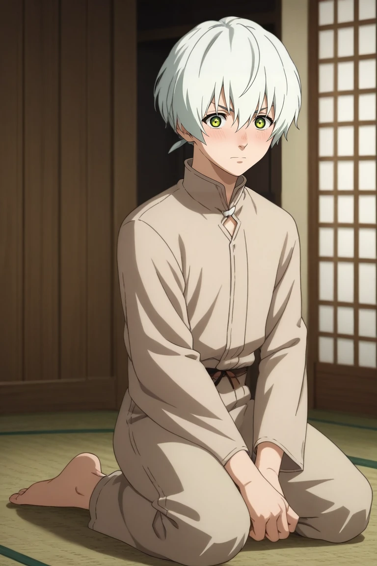 score_9, score_8_up, score_7_up, source_anime, rating_safe, , anime screencap, , official style, , , 1boy, solo, male focus, <lora:fushi_fumetsu_pony:0.98>, fushi_fumetsu, white hair, green eyes, short hair, hair between eyes, bangs, ponytail, , rule of thirds, energy plant, indoors, light, kneeling, embarrassed, nose blush, japanese costume, <lora:sdxl_lightning_8step_lora:1>