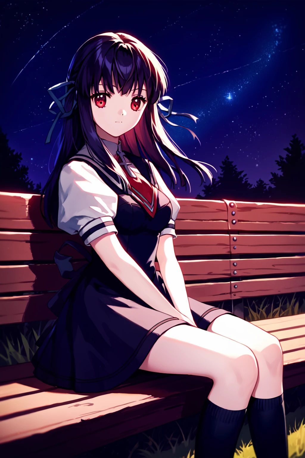 score_9, score_8_up, score_7_up, score_6_up, rating_safe, source_anime, best quality, masterpiece, detailed background, detailed eyes, grass, night, starry sky, sitting on bench, <lora:tohno-minagi-xl-05:1>, tohno minagi, air school dress uniform, medium breasts, black socks, red eyes,cowboy shot,