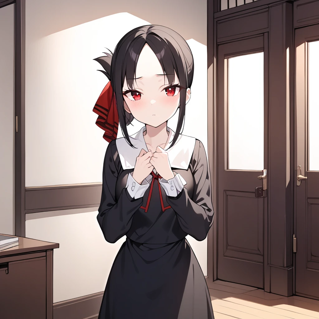 masterpiece, best quality, 1girl, kaguya,  <lora:kaguyaSDXL:0.8>, school uniform, black dress, black skirt, red ribbon, long sleeve, looking at viewer, standing, parted bangs, cowboy shot