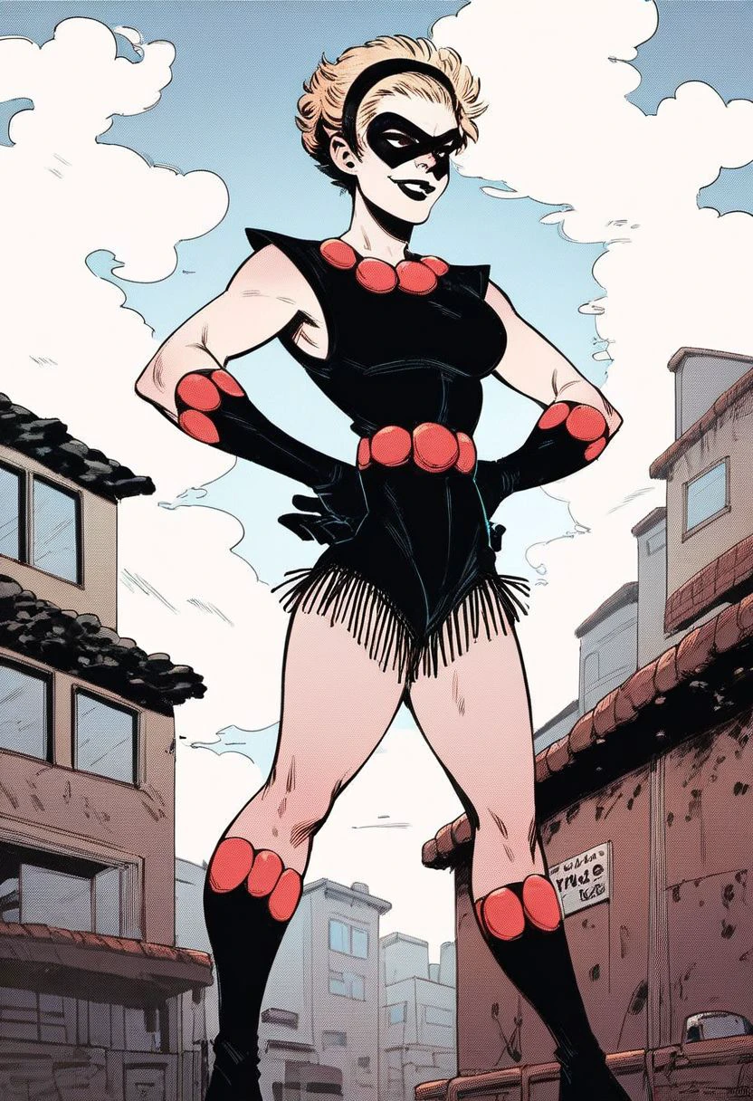 Score_9_up, score_8_up, score_7,_up, score_6_up, 1girl, solo, rosie_raymond, (pow_girl_costume, boots, gloves, domino mask, short hair, hairband, black lipstick), standing heroically on a rooftop, hands on hips, dazzling smile