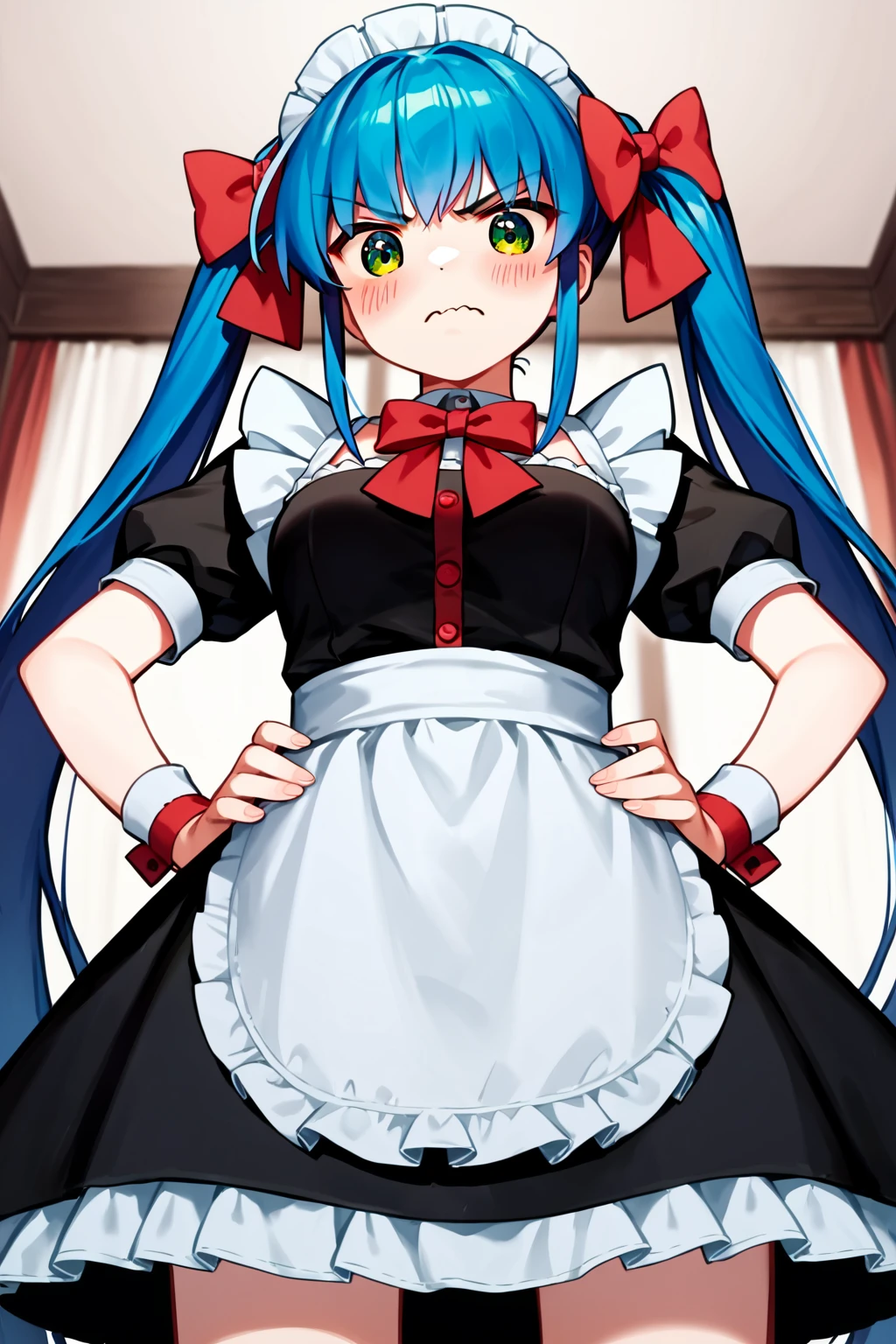 score_9, score_8_up, score_7_up, score_6_up, rating_safe, source_anime, best quality, masterpiece, detailed background, detailed eyes, cowboy shot, living room, from below view, maid outfit, hands on hips, angry, frown, wavy mouth, blush, <lora:nanase-rumi-xl-02:1.2>, nanase rumi, blue hair, green eyes, long twintails, medium breasts, red_hair_bows,