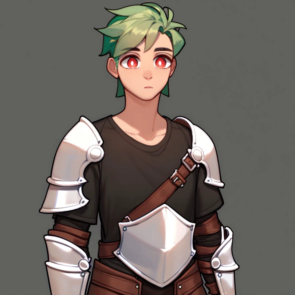 (((beautiful, high quality))), score_9, score_8_up, score_7_up, solo,
knee-high view,
tmbstyle, white pupil, 1boy, adult male, red eyes, green hair, light armor, black T-shirt,
simple gray background