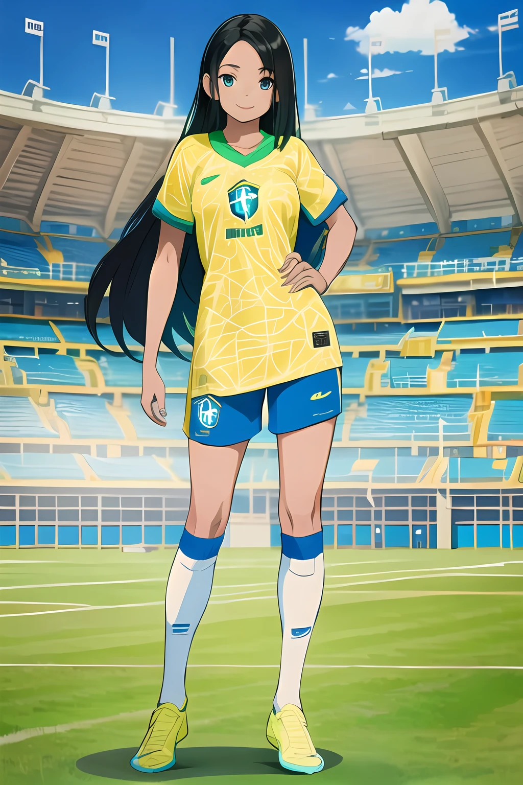 <lora:SC-BR4_Shirt_2024:1>, br451l, soccer uniform, sportswear, yellow shirt, shorts, full body, 1girl, black hair, long hair, smile, (stadium:1.2), green field, massive breasts, (best quality), (ultra-detailed), (best illustration)