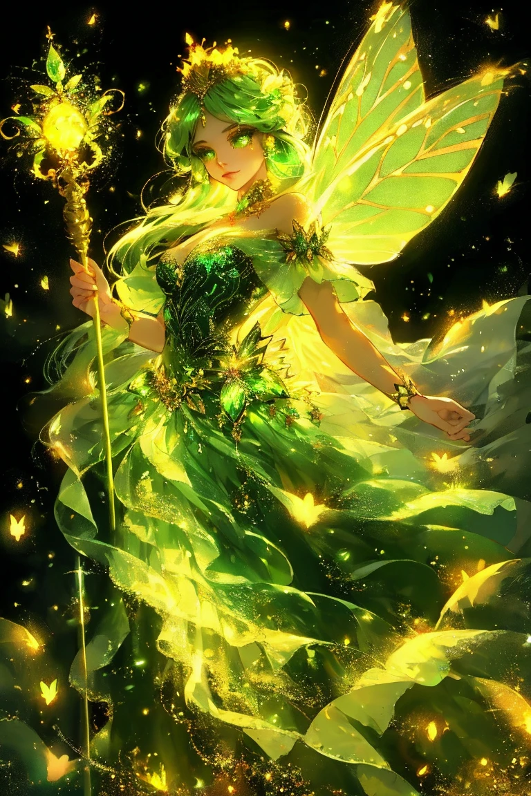 A fantastical character with luminescent green eyes, adorned with a crown of shimmering gems and leaves. She has butterfly-like wings emanating a radiant green glow. The character holds a slender staff with a glowing orb at its tip. Her attire is intricately designed with golden embellishments, and she is surrounded by a mesmerizing backdrop of twinkling lights and floating particles.<lora:EMS-374483-EMS:0.800000>