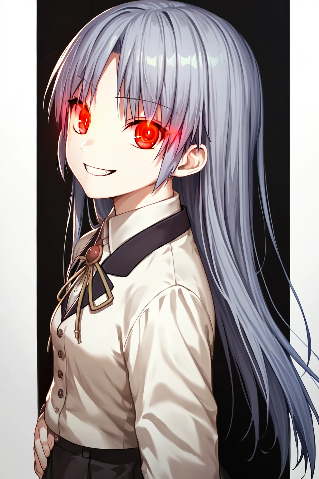 score_9, score_8_up, score_7_up, score_6_up, rating_safe, source_anime, best quality, masterpiece, detailed background, detailed eyes, (from side view), <lora:tachibana-kanade-xl-05:1>, tachibana kanade, angel beats school uniform, black skirt, parted hair, curtained hair, red eyes, glowing eyes, grin, small breasts,