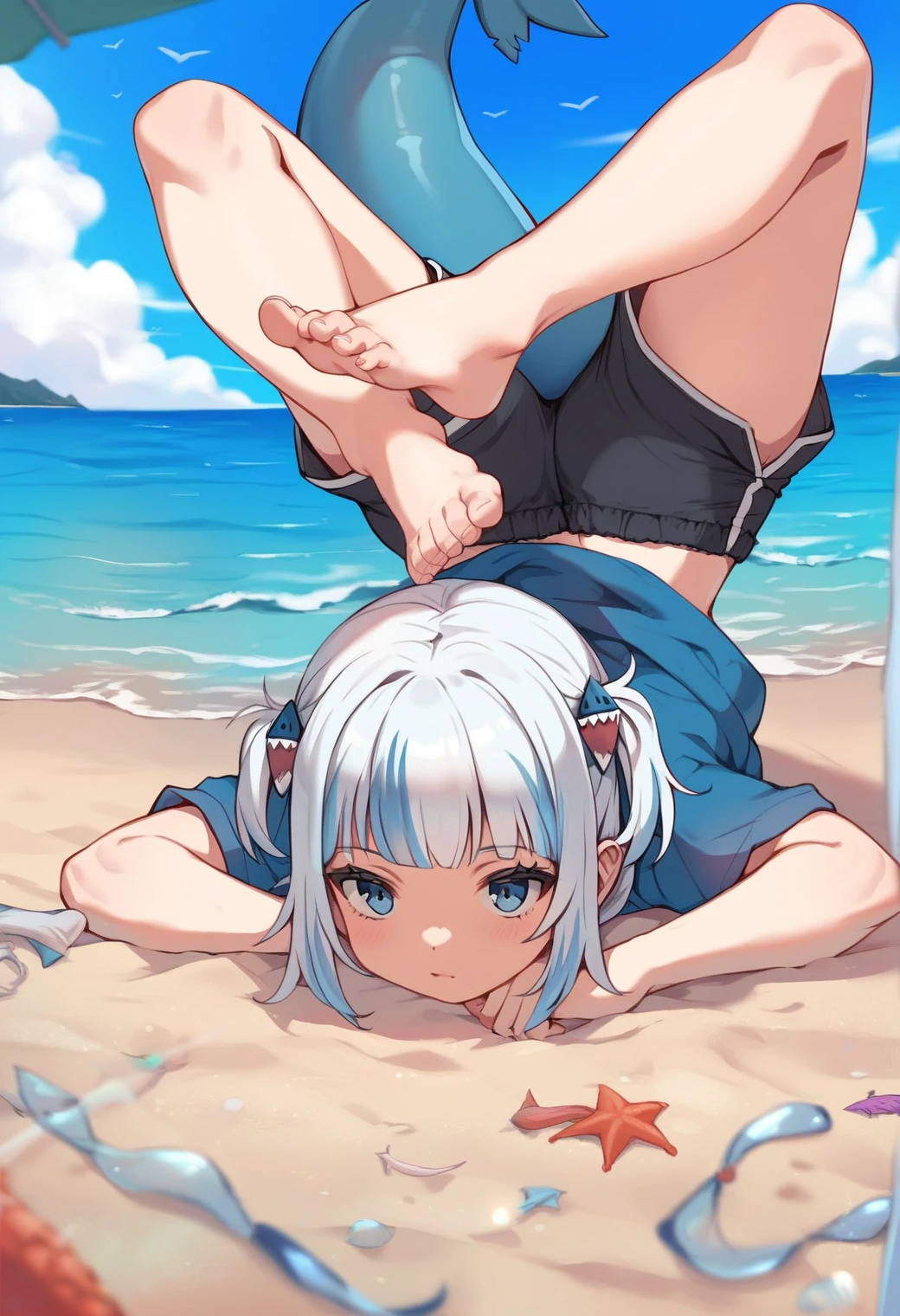 <lora:scorpion_pose_ponyxl_DoRA_v2:1>, scorpion pose, 1girl, faceplant, facing away, solo, barefoot, feet, toes, top-down bottom-up, back, shorts, blue hoodie,
pitvinm, gawr gura, medium hair, shark tail, fish tail, multicolored hair, white hair, blue hair, hair ornament,
beach, sand, sea, blue sky,
score_9, score_8_up, score_7_up, score_6_up, anime, rating_safe