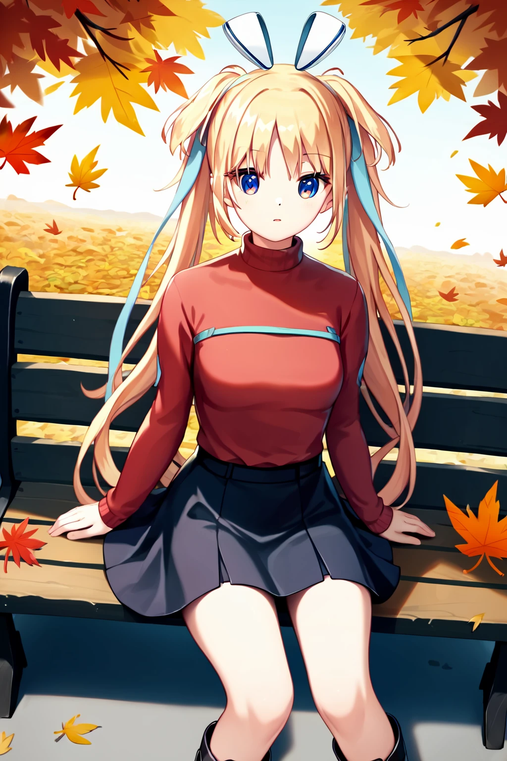 score_9, score_8_up, score_7_up, score_6_up, rating_safe, source_anime, best quality, masterpiece, detailed background, detailed eyes, solo, outdoors, autumn leaves, path, cozy red sweater, black skirt, black boots, sitting on bench, long hair, dutch angle, <lora:lunar-q-xl-05:1>, lunar q, lunaria headpiece, bare legs, small breasts, full breasts, parted lips, round mouth