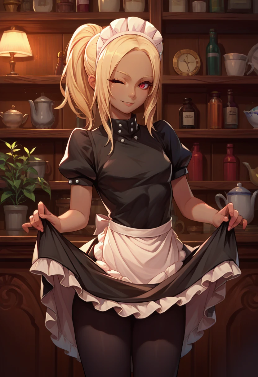 score_9, score_8_up, score_7_up, source_anime, solo, 1girl, grkatmaid, dark skin, smile, looking at viewer, skirt hold, ponytail, maid headdress, one eye closed, black dress, maid apron, puffy short sleeves, black pantyhose, indoors, shelf <lora:gravityrush_kat_ponyXL-000004:0.85>