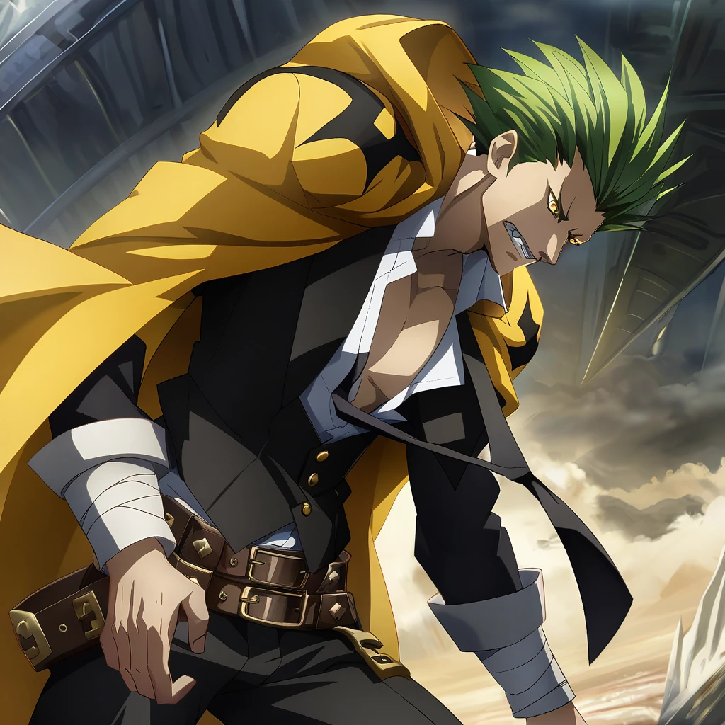 anime artwork illustrating TerumiBB,1boy,yellow eyes,short hair,green hair,spiked hair,hooded yellow cape with black markings,(2 belts),black pants,black ribbons,bandaged arms,black vest,open shirt,loose black necktie,black pants,steel-toed-shoes. created by japanese anime studio. highly emotional. best quality, high resolution, HDR photo of TerumiBB,1boy,yellow eyes,short hair,green hair,spiked hair,hooded yellow cape with black markings,(2 belts),black pants,black ribbons,bandaged arms,black vest,open shirt,loose black necktie,black pants,steel-toed-shoes . High dynamic range, vivid, rich details, clear shadows and highlights, realistic, intense, enhanced contrast, highly detailed, TerumiBB,1boy,yellow eyes,short hair,green hair,spiked hair,hooded yellow cape with black markings,(2 belts),black pants,black ribbons,bandaged arms,black vest,open shirt,loose black necktie,black pants,steel-toed-shoes, highly detailed, focused, celestial, amazing