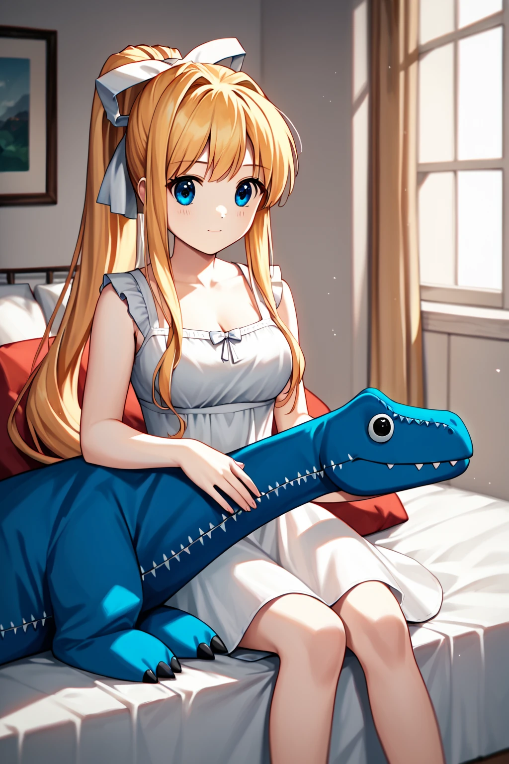 score_9, score_8_up, score_7_up, score_6_up, rating_safe, source_anime, best quality, masterpiece, detailed background, detailed eyes, bedroom, cowboy shot, cute, sitting on bed, <lora:kamio-misuzu-xl-04:1.2>, kamio misuzu, white sundress, stuffed animal, stuffed blue dinosaur, medium breasts, long ponytail, long sidelocks,