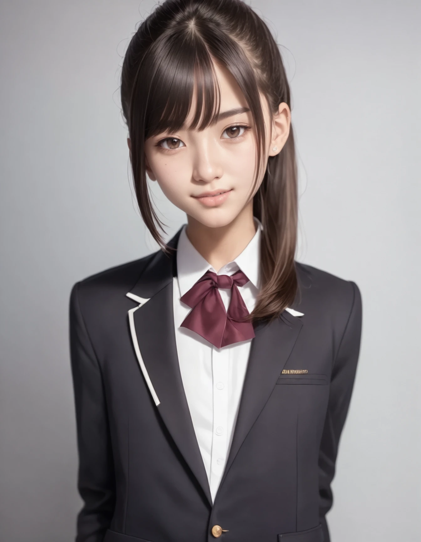 1girl, solo,
(Best quality:1.0),(masterpiece:1.0),photorealistic,
(realistic),photograph,hyperdetailed photography,raw photo,
cowboy shot,
(brown hair:1.1), (brown eyes),
chignon hair,
(flat chest:1.1),
slender,
BREAK
(japanese:1.2),
blazer school uniform,school ,indoors,
smile,
(20yo:1.2)