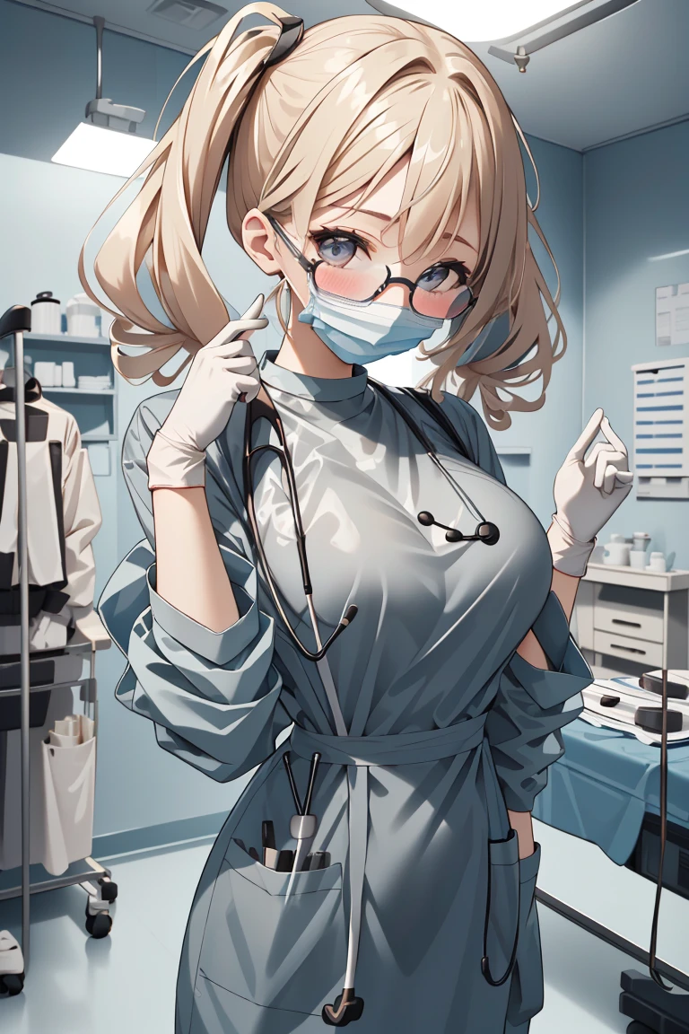 (RAW photo, best quality), operating room, overhead surgical light,blurred background, focused, dithering,backlighting,
 <lora:rubber_surgeon_hand_V1.0-000006:0.85>  rubber_surgeon_hand, 1girl, solo, looking at viewer, reaching towards viewer, stethoscope, doctor, surgical mask, indoors,headwear, latex, surgical gloves, outstretched arm,
 <lora:Kimune Honda:0.7> (kimune honda, 3dcg_14, 1girl, blush, bangs, blonde_hair, low twintails, parted bangs, large breasts, grey_eyes, glasses, twintails),