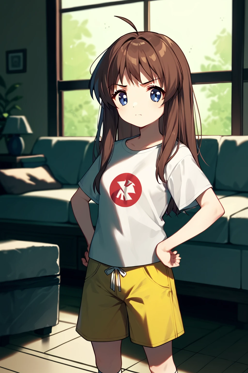 score_9, score_8_up, score_7_up, score_6_up, rating_safe, source_anime, solo, indoors, living room, dirty laundry on floor, hands on hips, annoyed, <lora:miyazawa-yukine-xl-03:1>, miyazawa yukine, white bandana on head, red t-shirt, yellow shorts, white socks, tiny ahoge, brown hair, small breasts,