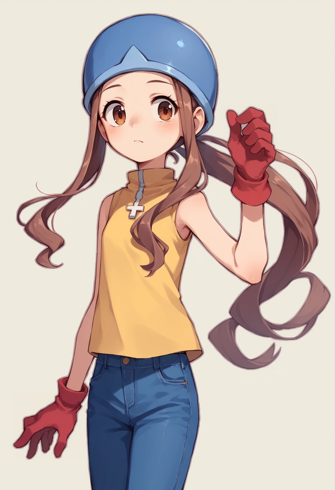 1girl, mimi, very long hair, sidelocks, long ponytail, brown eyes, helmet, blue headwear, yellow t-shirt, sleeveless, high collar, red gloves, jeans, <lora:MimiSora:1>, score_9, score_8_up, score_7_up, score_6_up, score_5_up, score_4_up, BREAK source_anime, masterpiece