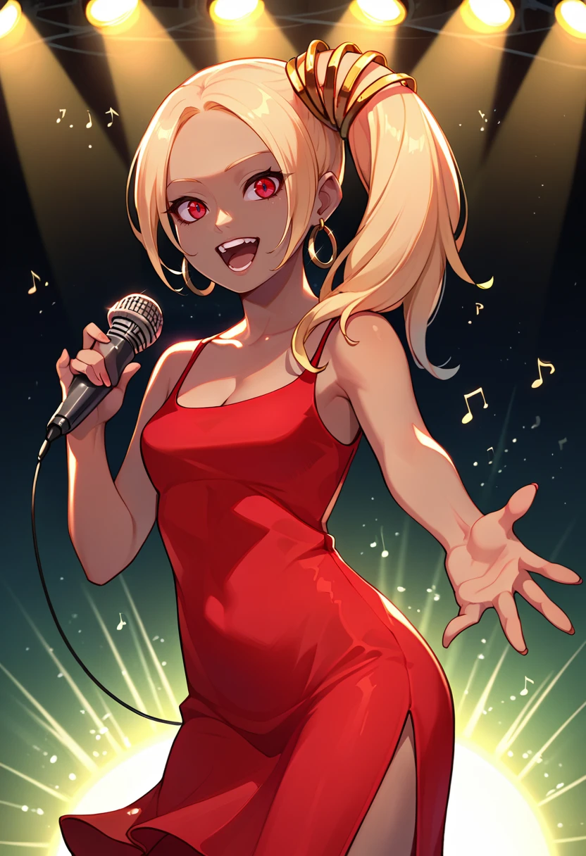 score_9, score_8_up, score_7_up, source_anime, solo, 1girl, grkatjazz, dark skin, singing, looking at viewer, upper teeth, holding microphone, outstretched arm, side ponytail, red dress, sleeveless dress, side slit, hoop earrings, bare shoulders, cleavage, spotlight <lora:gravityrush_kat_ponyXL-000004:0.9>