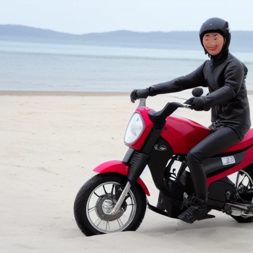 Asianmix, riding a motor bike on a beach.
