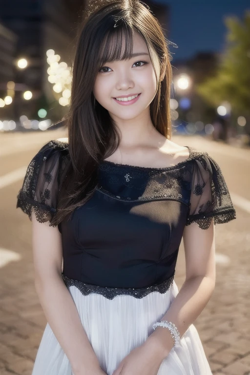 1girl,(RAW photo, best quality), (realistic, photo-realistic:1.4), masterpiece, an extremely delicate and beautiful, extremely detailed, 2k wallpaper, Amazing, finely detail, extremely detailed CG unity 8k wallpaper, ultra-detailed, highres, soft light, beautiful detailed girl, extremely detailed eyes and face, beautiful detailed nose, beautiful detailed eyes,cinematic lighting,perfect anatomy,
(little dress:1.3), bokeh, close up,
(at a night downtown:1.3),looking at viewer, young japanaese idol,(hands behind back:1.2),
(smile:1.4), <lora:shuri_lora_02:0.9>