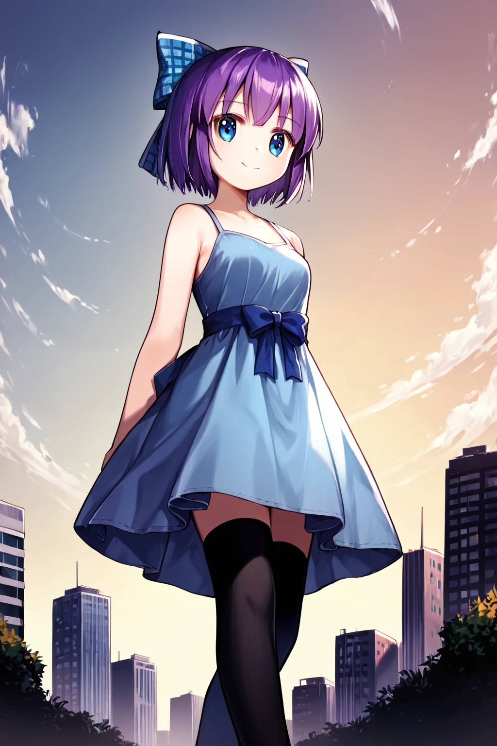 score_9, score_8_up, score_7_up, score_6_up, rating_safe, source_anime, best quality, masterpiece, detailed background, detailed eyes, city, from below view, walking, looking away, blue sundress, black thighhighs, <lora:kouzuki-mio-xl-05:1.2>, kouzuki mio, blue_hair_bow, purple hair, blue eyes, small breasts, closed mouth, smile,