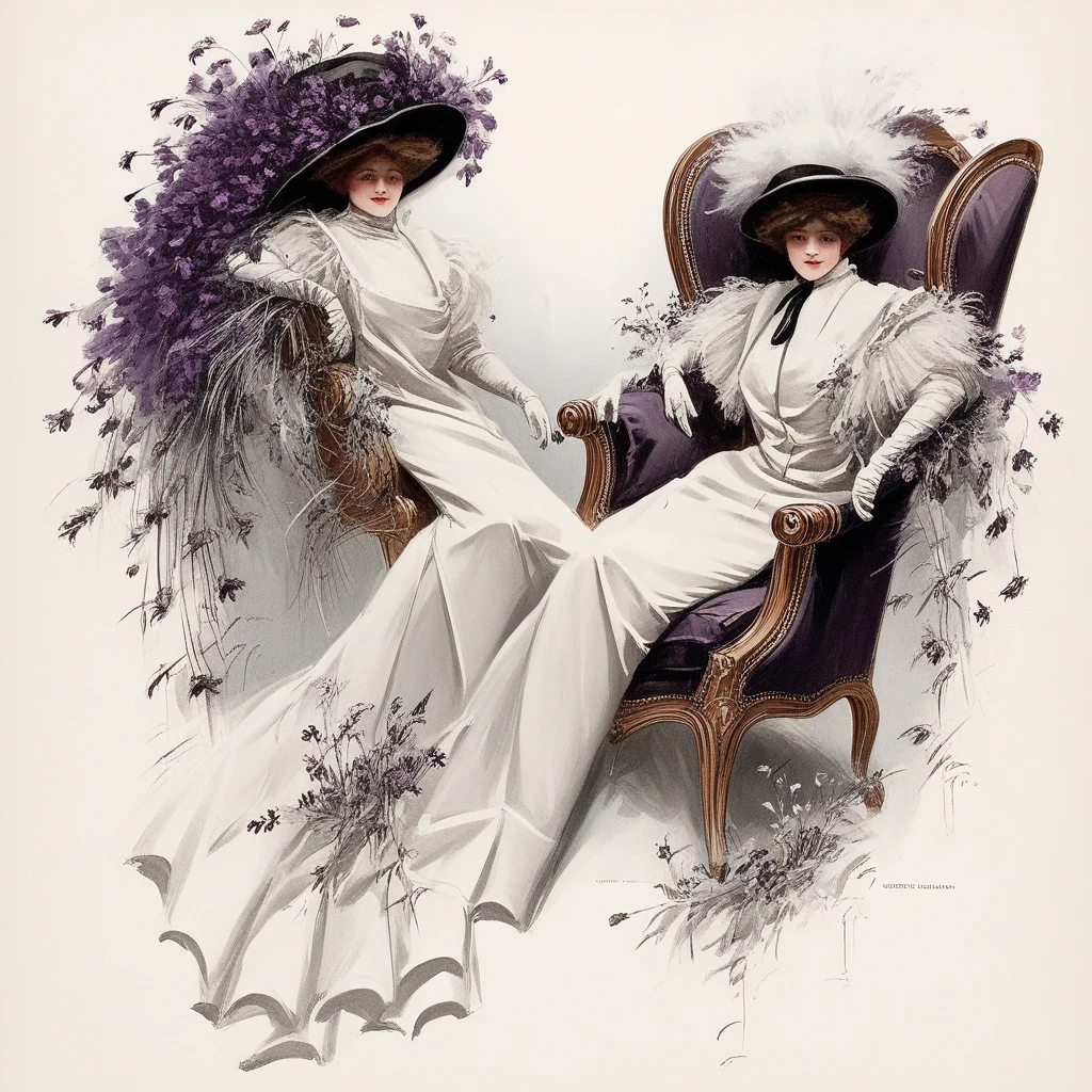 feathered hats, and white gloves, overgrown weeds with dark purple flowers, which creates a sense of tranquility. The image is a classic example of early 20th-century fashion illustration., reclining languidly in a decorative chair, ruffled collar in a delicate white fabric