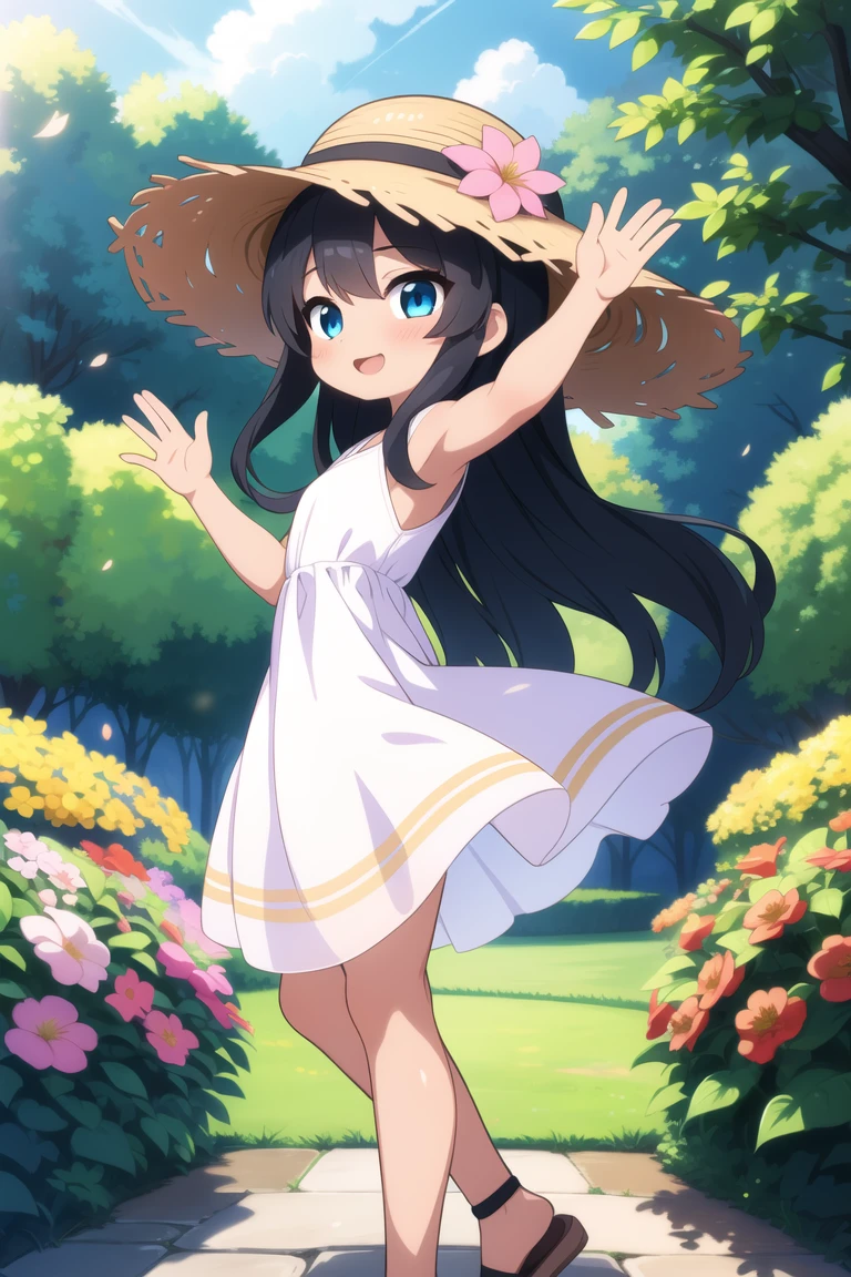 masterpiece, best quality, ultra detailed, anime style, 1girl, young, cute, (oily skin), (shiny body), (slender, lean, thin legs), long wavy hair, black hair, blue eyes, white dress, straw hat, waving, garden, colorful flowers, dancing, warm, beautiful face, happy, pov from side, <lora:WingedCloudTest_2:1.0>