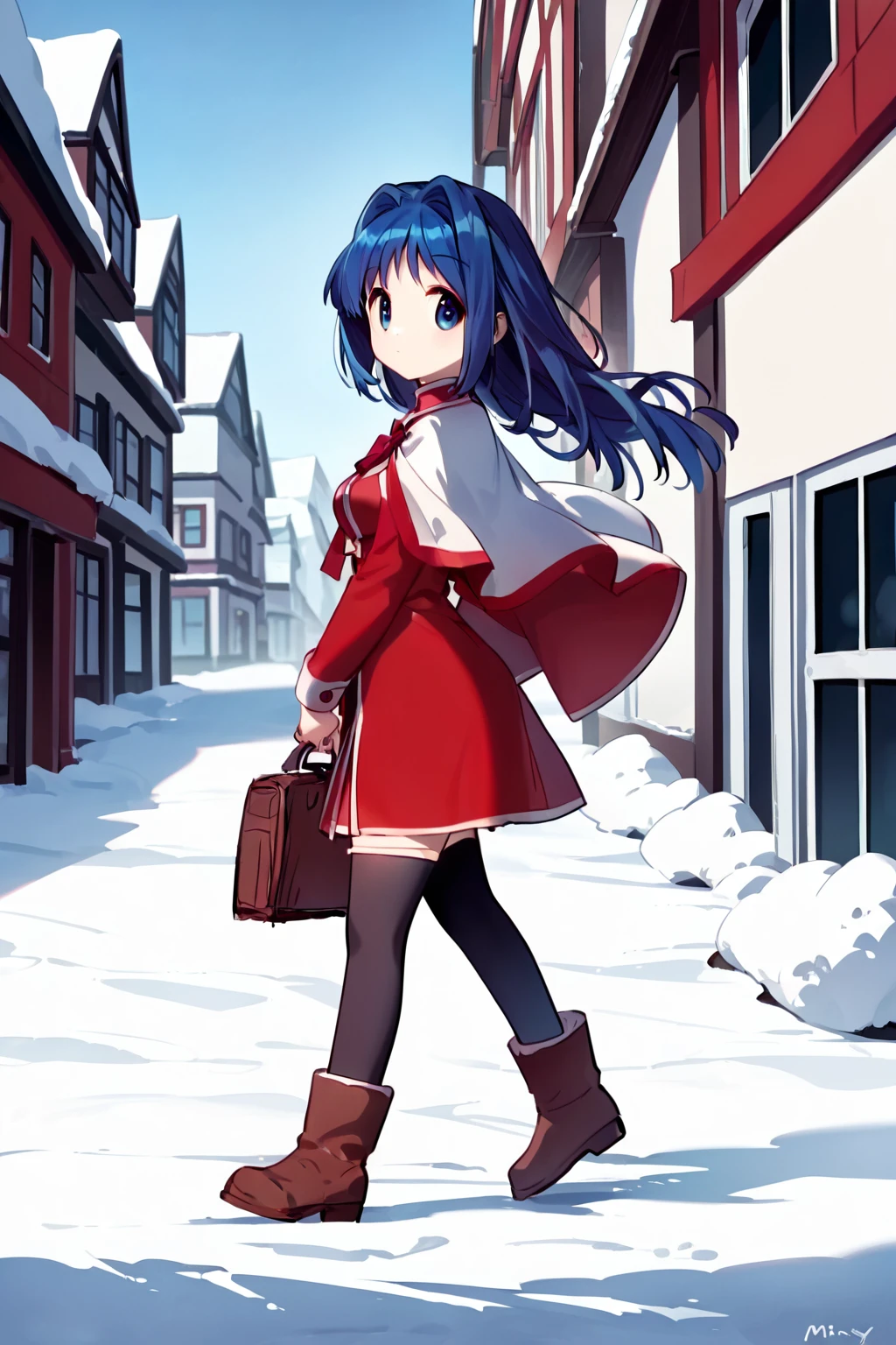 score_9, score_8_up, score_7_up, score_6_up, rating_safe, source_anime, best quality, masterpiece, detailed background, detailed eyes, city, snow, walking, from side view, looking around, holding school bag, <lora:minase-nayuki-xl-03:1.2>, minase nayuki, medium breasts, blue hair, blue eyes, kanon uniform, red uniform, white capelet, black stockings, brown winter boots,