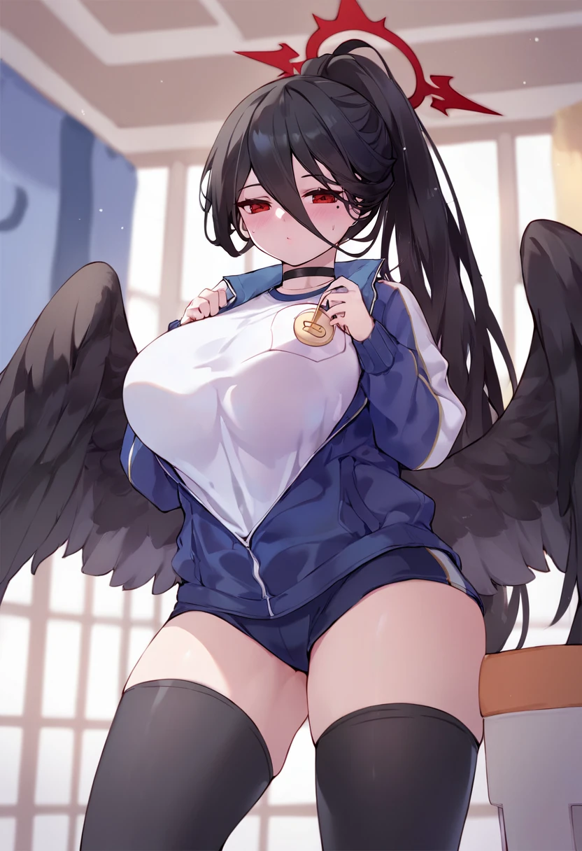 (pussy),{pussy spread},((knees to chest)),((leg hold, folded))、After being attacked、((track jacket))、Smile full of happiness,Sweating、Expression in a state of excitement、((poneyTail)),  (black hair),Red Eyes,Red Eyeshadow,Red Eyeliner: 1.2, (Black wings), looking at the camera,(gigantic breasts:1.2),((Long Breasts:1.3)), halo 