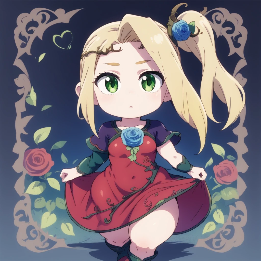 1girl, blonde, side ponytail, small breast, green eyes, hair flower, rose, dress, shortstack,