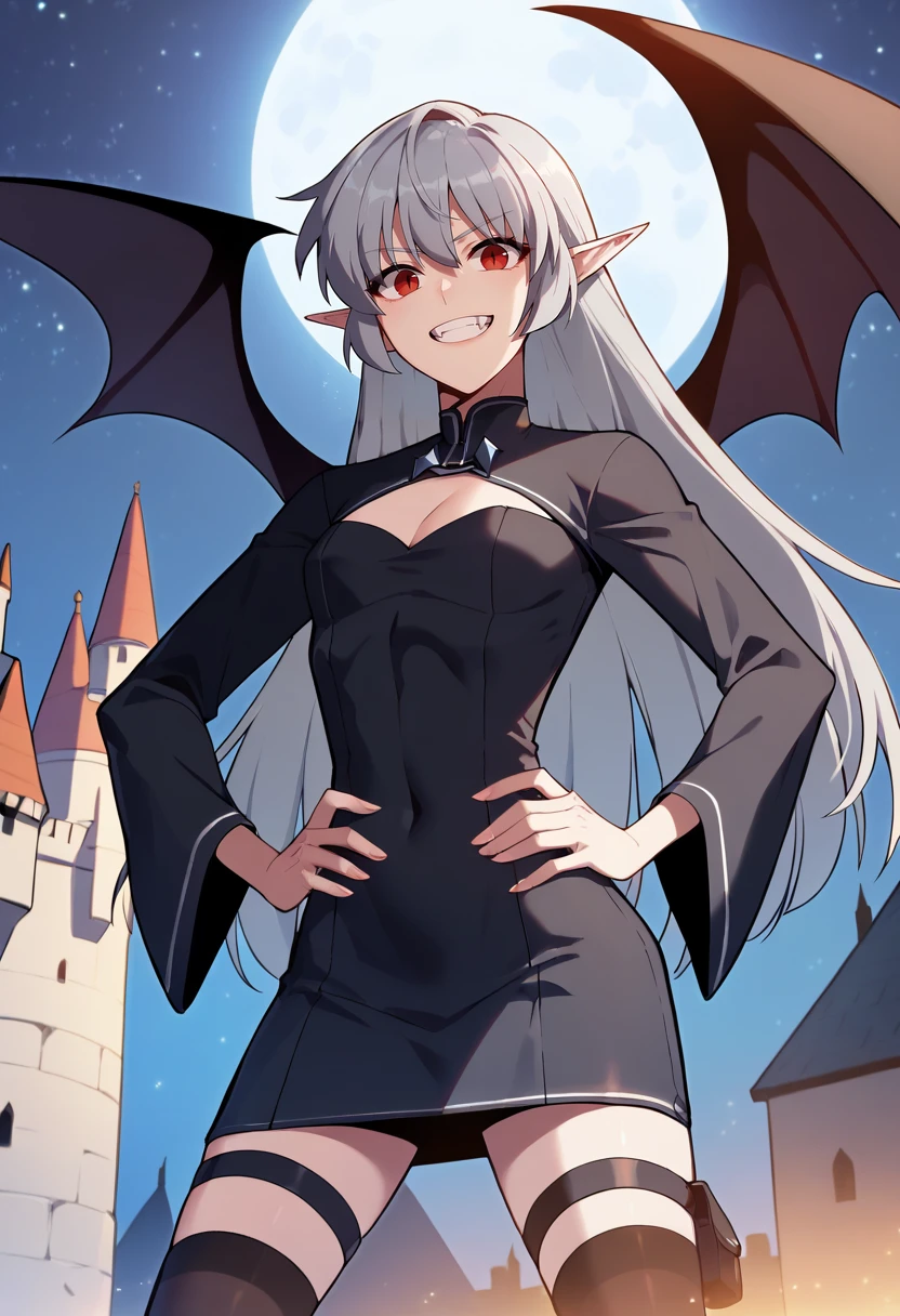score_9, score_8_up, score_7_up,
<lora:SoloMaxLevelNewbie_AliceXL:0.8>, AliceSMLN,
1girl, solo, open mouth, grin,
grey hair, long hair, red eyes, pointy ears,
AliceVamp, black dress, long sleeves, cleavage cutout, thigh strap, black thighhighs, bat wings,
standing, looking at the viewer, (facing viewer:1.2), hands on own hips,
outdoors, dark, (night:1.2), moon, starry sky, castle, (dark:1.3)
