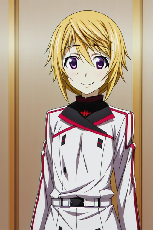 2010s (style), year 2010, anime_art_style, cartoon, infinite stratos, charles dunois, tomboy, crossdressing, blonde hair, solo, 1girl, purple eyes, uniform, smile, belt, school uniform, upper body <lora:Charles_Dunois:0.8> <lora:hyperdetailer_v095:0.8>