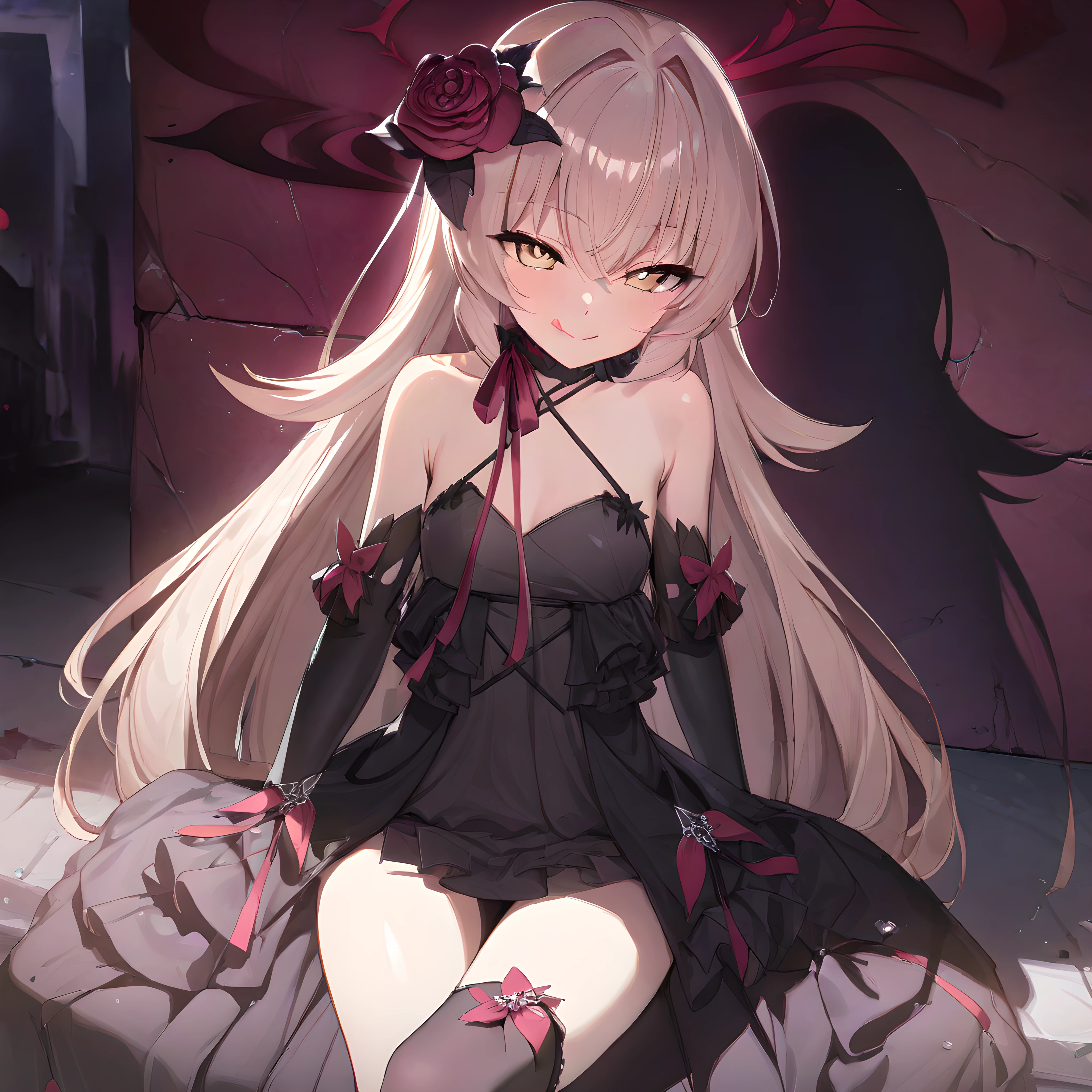 (masterpiece),(best quality),(ultra-detailed),(best illustration),(best shadow),(absurdres),(detailed background),(very aesthetic), eve meitner, 1girl, thighhighs, long hair, hair ornament, gloves, solo, dress, elbow gloves, tongue out, tongue, flower, hair flower, sitting, seductive smile, leaning on a wall, <lora:evemeitner:1>