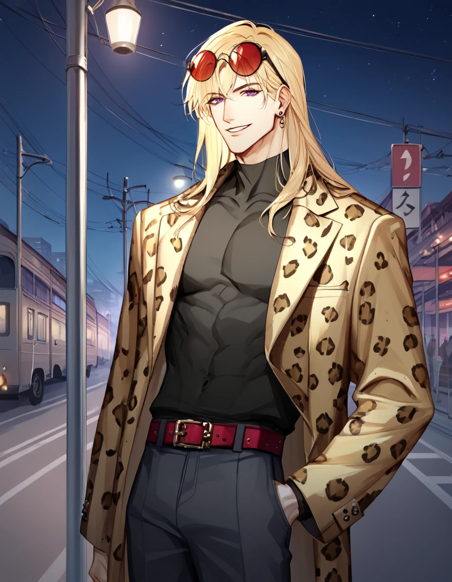 score_9, score_8_up, score_7_up, BREAK 1boy, solo, BREAK male focus, purple eyes, (long hair, blonde hair, bangs),  leopard print coat over shoulders, pectorals, navel, muscular, open black shirt, jewelry, earrings, (round eyewear,  red sunglasses, eyewear on head), black pants, red belt, shoes, smile, parted lips, BREAK train station, night, city,  cowboy shot, standing, looking at viewer,  <lora:ikemenboys:1>