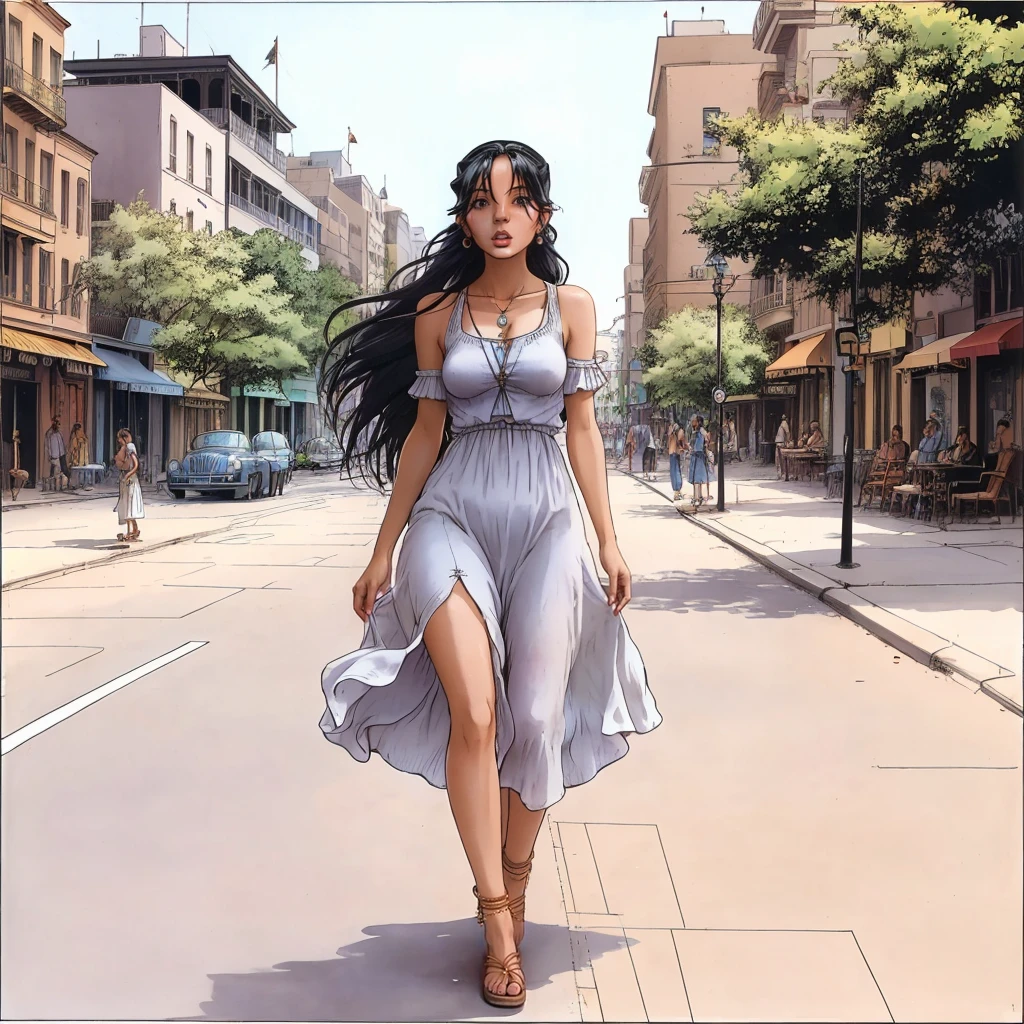 a woman with long hair and summer dress walking in the street<lora:Cyan_v1-000070:1> cyanstl