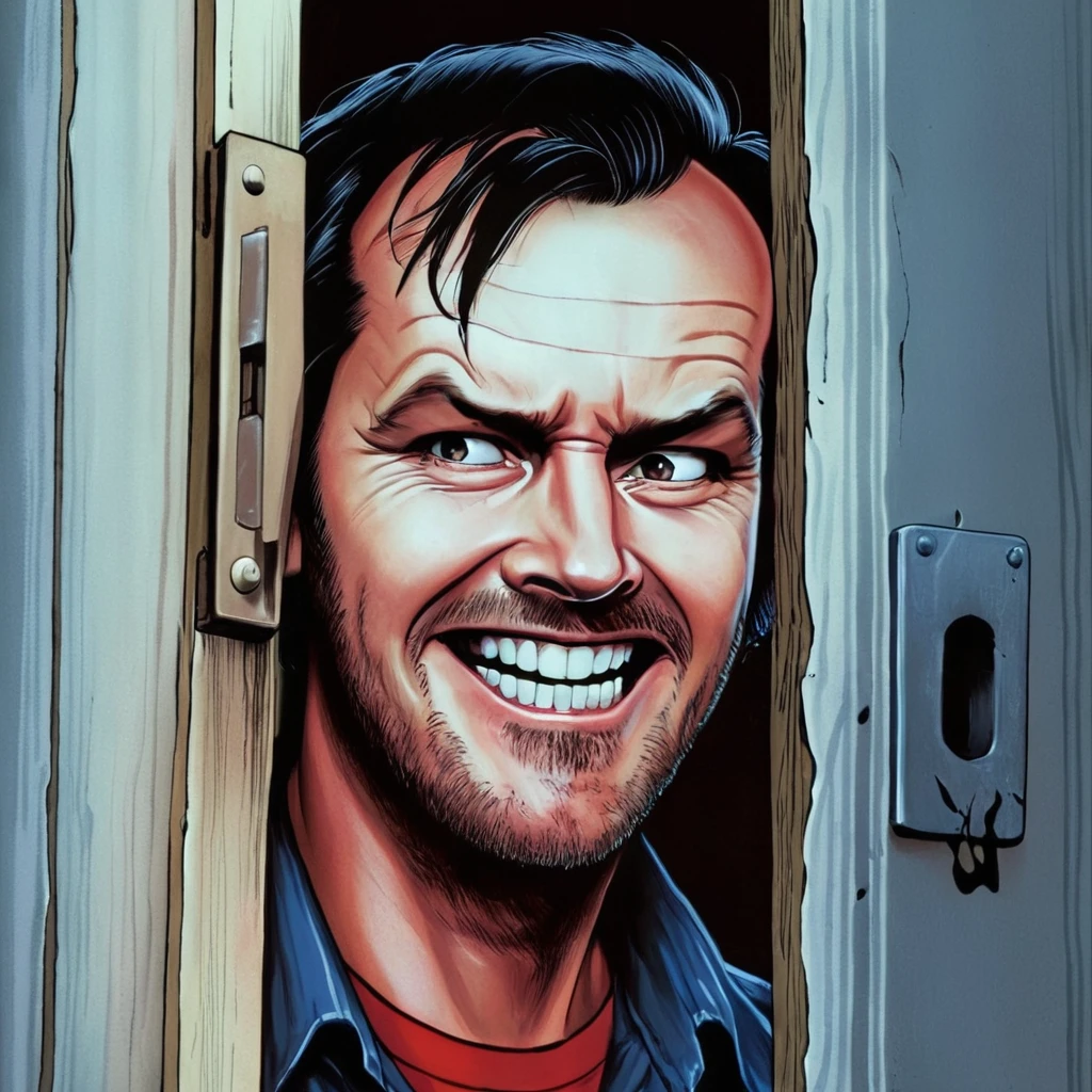 anime artwork of  <lora:perfection style:0.5> <lora:detailed:0.5> perfection detailed
 <lora:The Shining film style:0.9>
Jack Torrance In the 1980's in the Colorado Rocky Mountains a man with a beard and a shirt is looking through a broken door with a creepy smile,solo,open mouth,1boy,male focus,teeth,facial hair,portrait,meme,realistic,mustache,stubble,wrinkled skin , cinematic, film, kodak, The Shining film style, here's johnny style, anime style, key visual, vibrant, studio anime,  highly detailed