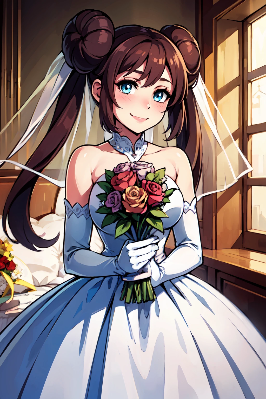 ((masterpiece,best quality)), absurdres, <lora:Rosa_v5:0.7>, zzRosa, hair bun, blue eyes, twintails, bride, wedding dress, bridal veil, strapless dress, elbow gloves, holding bouquet, solo, smile, looking at viewer, cowboy shot,