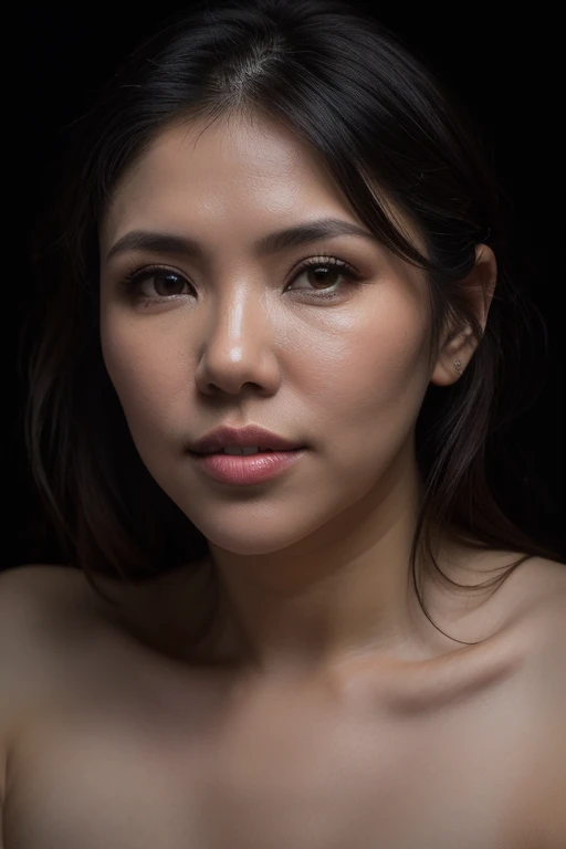 (8k, RAW photo, highest quality), beautiful newari nepali(asian) girl, close up, puffed breasts, Harden nipples, naked, (detailed eyes:0.8), defiance512, (looking at the camera:1.4), (highest quality), (best shadow), intricate details, interior, ginger hair:1.3, dark studio, muted colors, freckles, instagram ratio